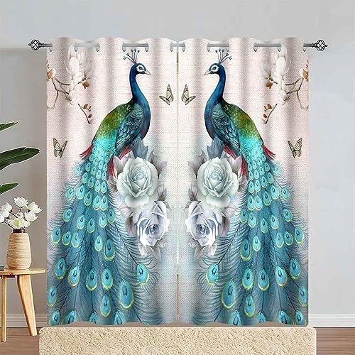 Cortinas verdes para dormitorio, cortinas opacas de pavo real de 84 pulgadas de largo, juego de 2 paneles con aislamiento térmico y ojales para sala