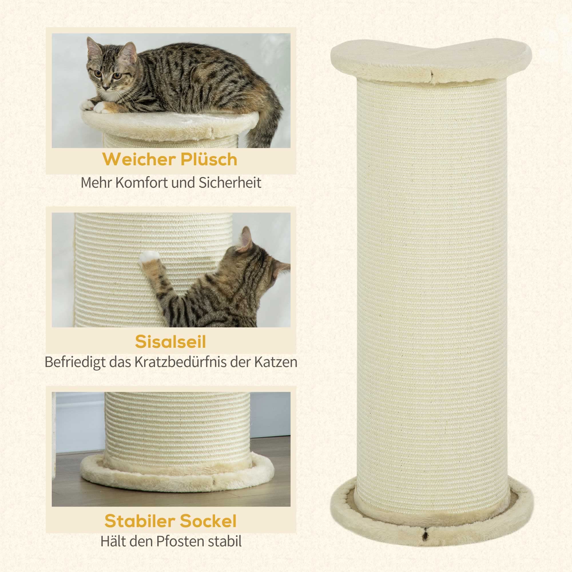 PawHut Kratzbaum 85 cm Hoch Kratzsäule Kratzstamm mit Sisalseil, Kippschutz Katzenkratzbaum Katzenbaum für mittelgroße Katzen, Cremeweiß