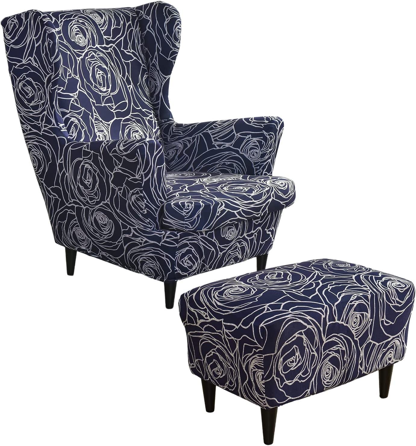 Aqigr #33 Stretch Wing Chair Cover Set, 2 Piece Wing Chair Slipcover With Ottoman Cover Wingback Chair Cover Jacquard Wingback Chair Slipcover Footstool Protector Covers For Dogs (Color : )