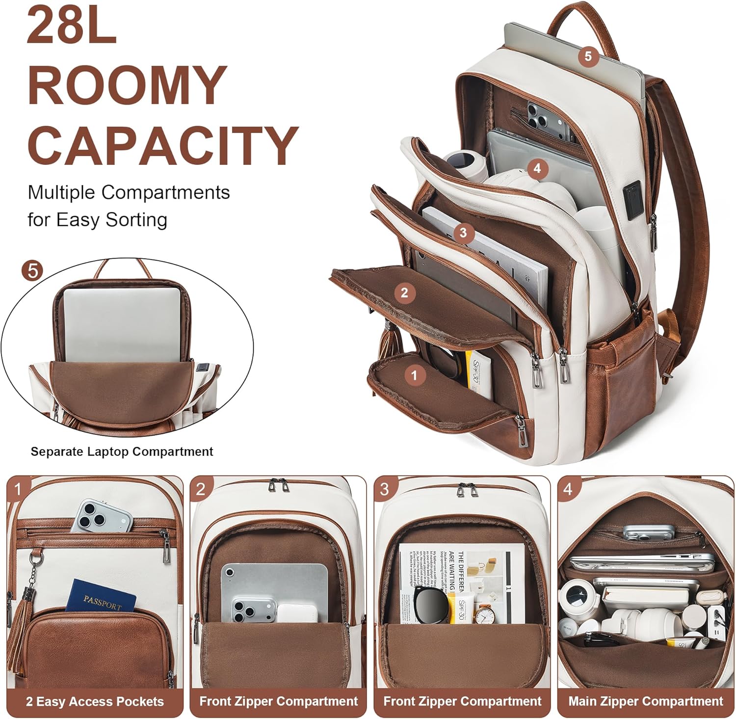 Shrrie 17 Inch Laptop Backpack for Women,Vegan Leather Backpack Purse,28L Work Business College Travel Computer Backpacks with Pouch Pocket for Large Capacity Cup & USB Charger,Beige with Brown