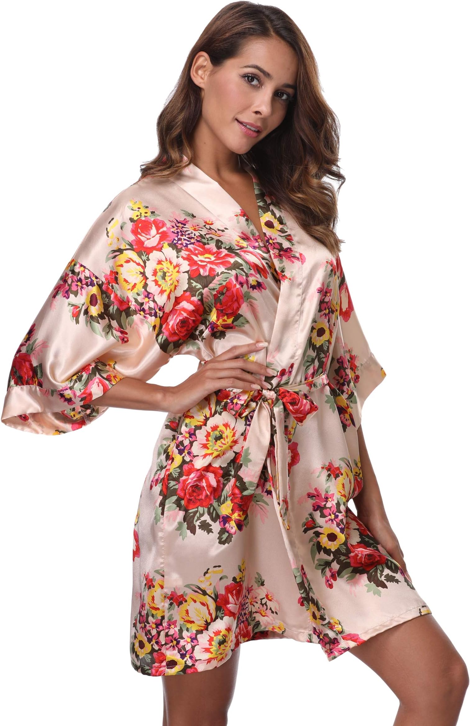 Feelia Women's Silky Bathrobe Short Sleepwear Satin Robe Floral Kimono for Wedding Party Getting Ready