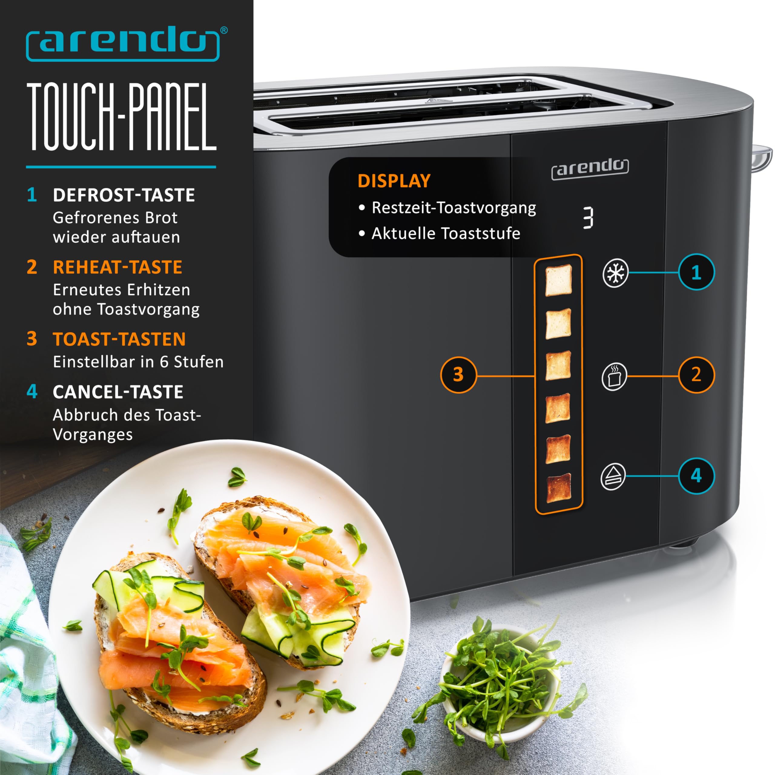 Arendo - Edelstahl Toaster 2 Scheiben - Touchscreen – Doppelwandgehäuse – 800 W – Integrierter Brötchenaufsatz – 6 Bräunungsgrade – Brotzentrierung – Restzeitanzeige – Memoryfunktion