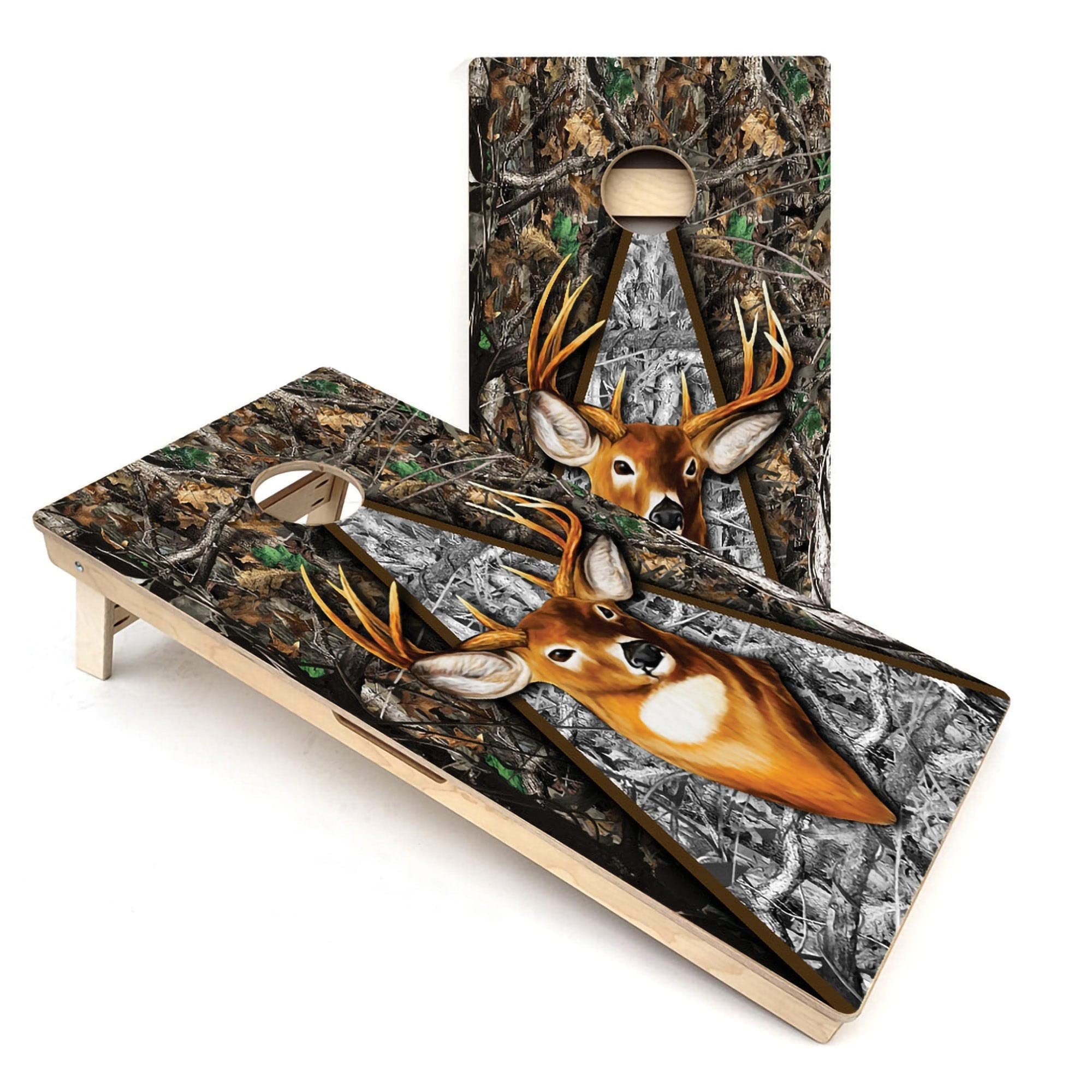 Skip's Garage Camo Deer Cornhole Boards - Includes (2) Boards (Resin Bags) + (2) Board Edge Lights
