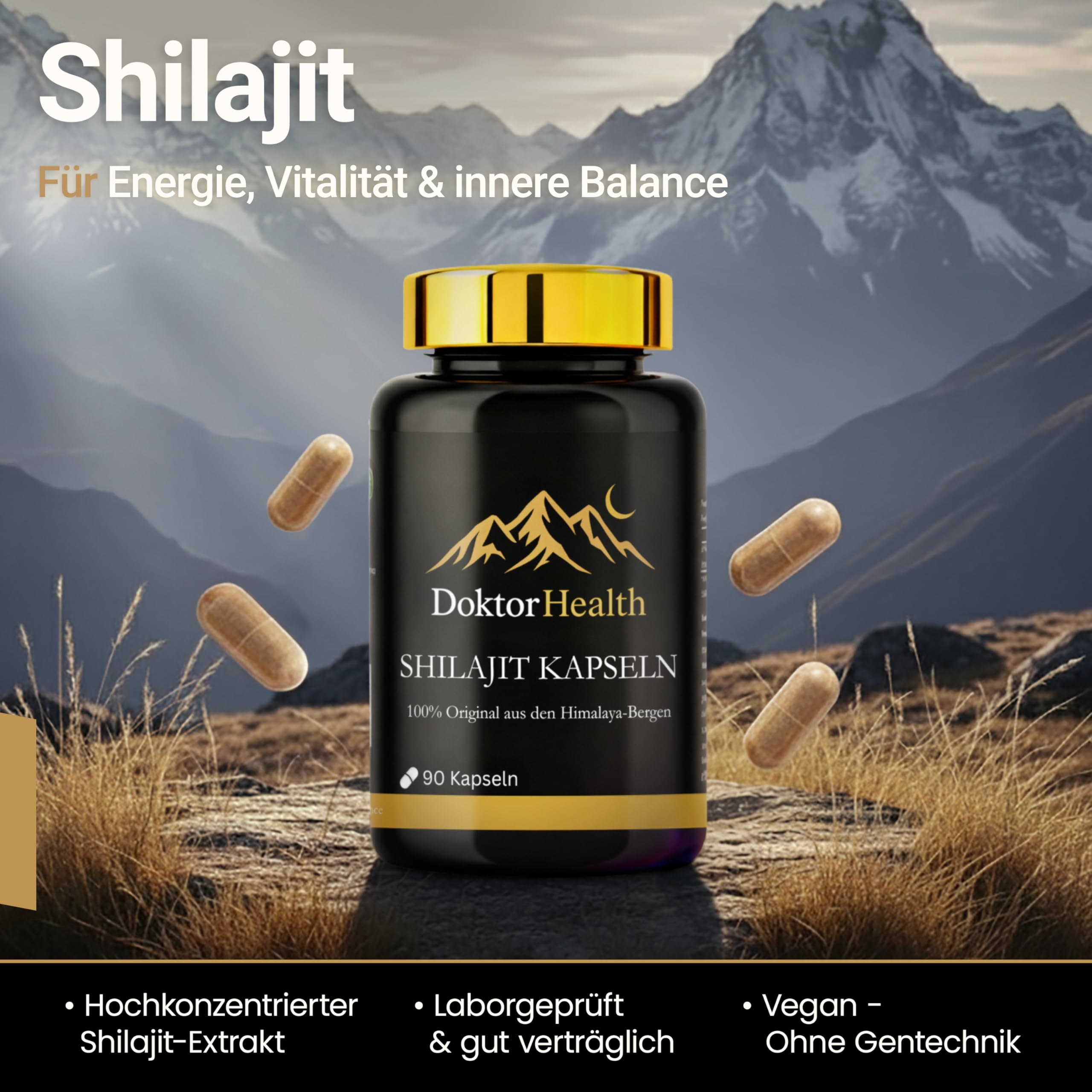 Premium Himalaya Shilajit + Ashwagandha Kapseln - hochdosiert 1300 mg Tagesdosis - 90 vegane Kapseln – Original aus Himalaya - Handernte - vegan, ohne unnötige Zusätze & laborgeprüft Deutschland