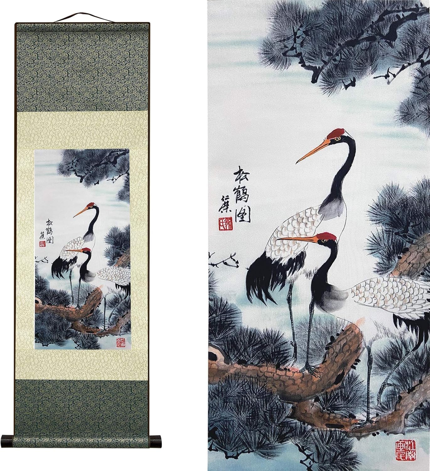 AtfArt Silk Scroll Painting Asian Wall Decor Animal - White Crane Red Crowned Crane - Grus Japonensis Beautiful Chinese Art Wall Scroll Hanging Painting Scroll Oriental Decor (36.2x12in)