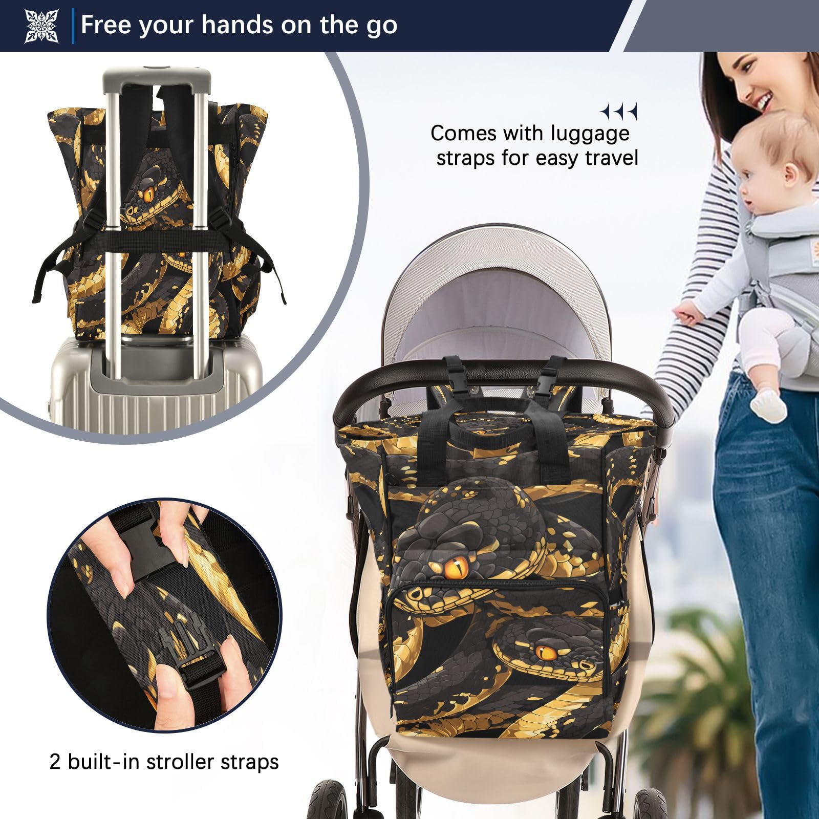 Serpiente Negra Dorada Bolsa de Pañales Mochila de Viaje Gran Capacidad Bolsas para Mamá Papá Mujeres Niñas