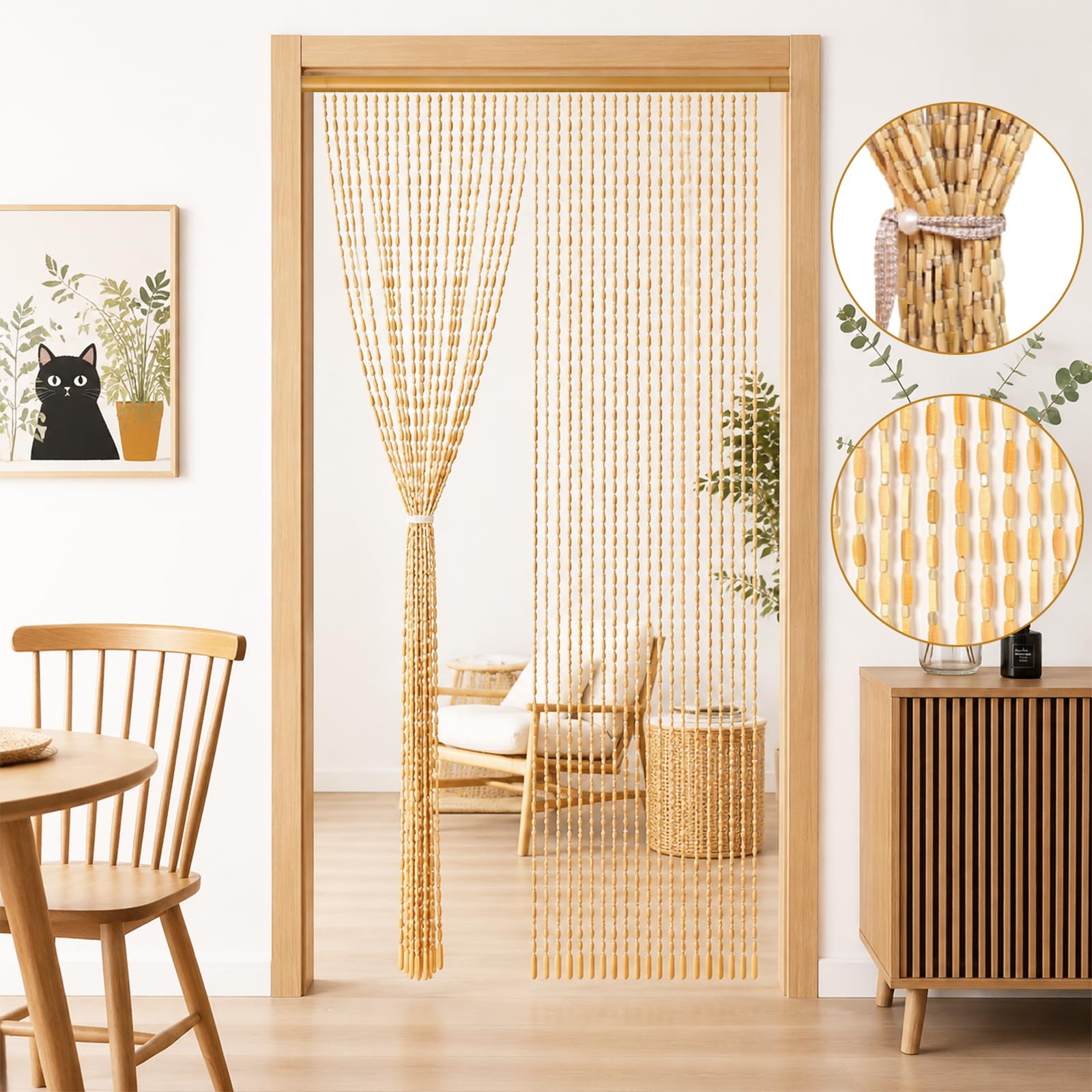 90x200cm Perlenvorhang, Handgefertigte Natur Türvorhang Perlen, 52 Stränge Beige Retro Perlenvorhang Türvorhang für Schlafzimmer Balkontür