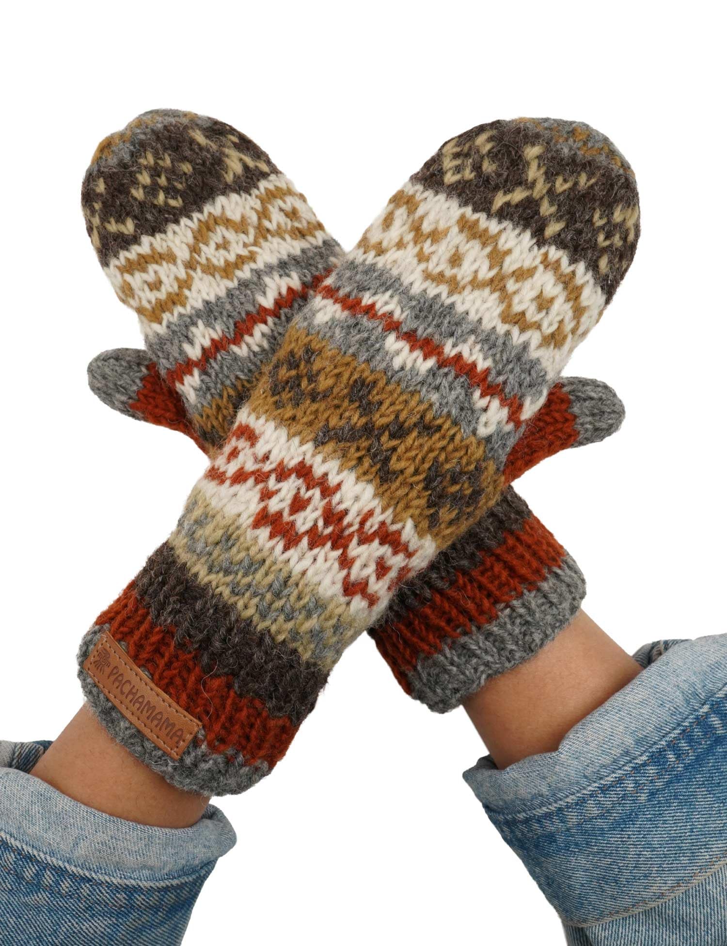 Pachamama Women Wool Mittens Fleece Lined Handknitted Fairisle Multicoloured One-Size Handmade Extra Warm Fair Trade (Wool, Grey)