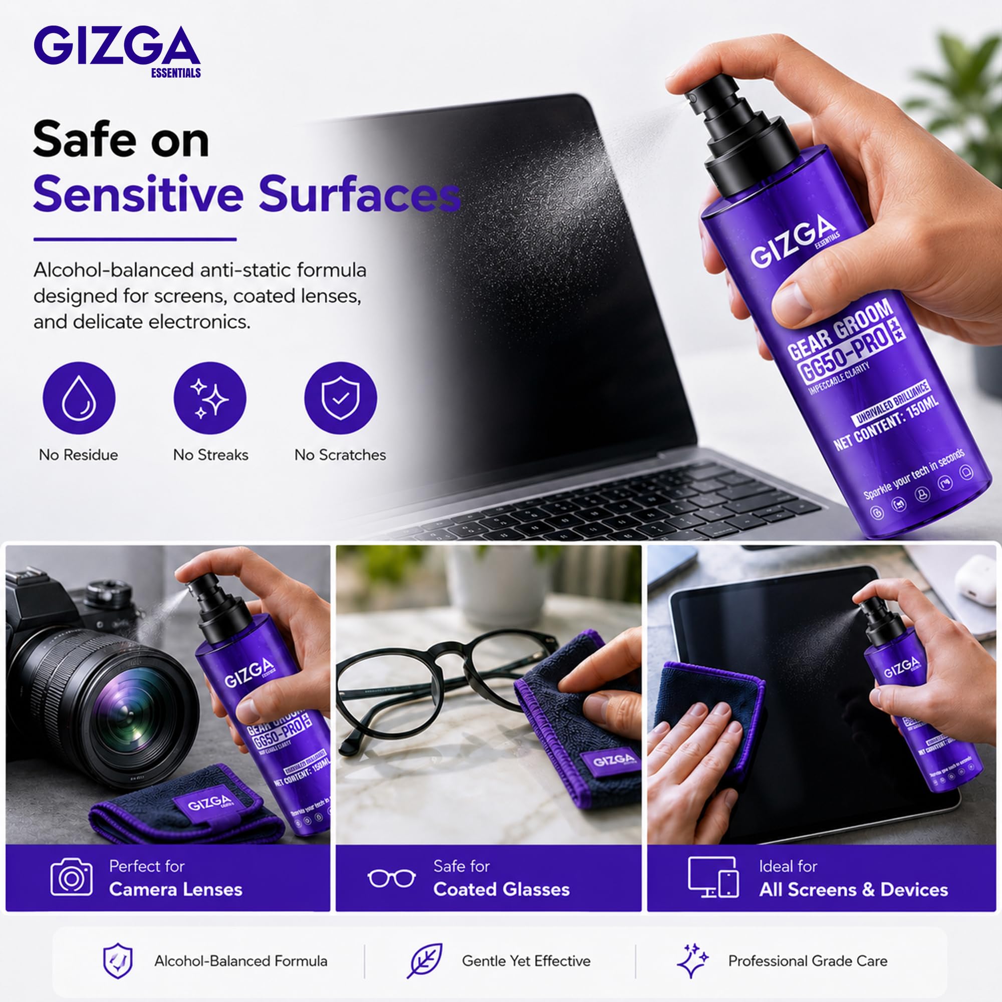 Gizga Pro Series 3-in-1 Cleaning KIT - 150ml Cleaning Spray, Microfiber Cloth & Cleaning Brush| Safe Screen Cleaner for Laptop, PC, Smartphone, Tablet, DSLR Camera Lens, Binocular, Keyboard, Gadgets 1