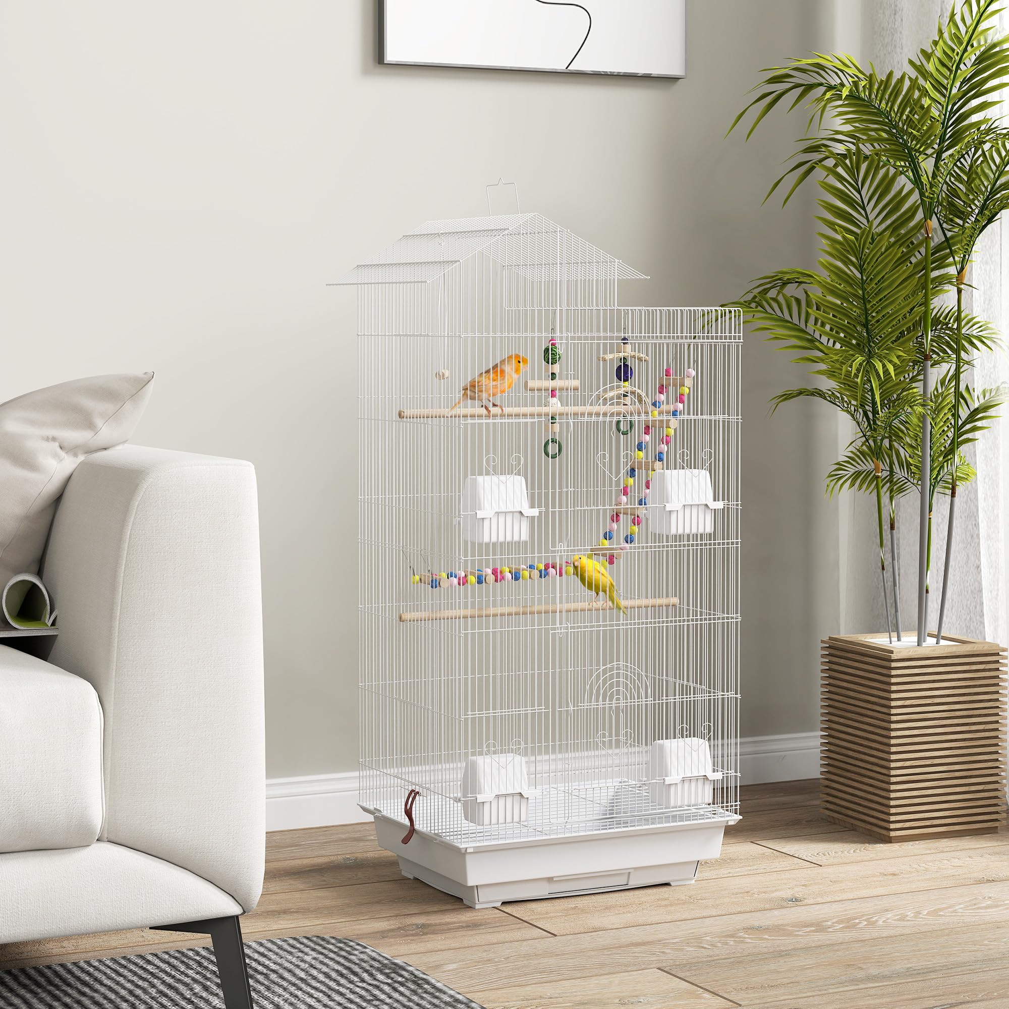 PawHut Cage à Oiseaux 46 x 36 x 100 cm 4 mangeoires 3 perchoirs pour Perruche calopsitte Conure Pinson canaris