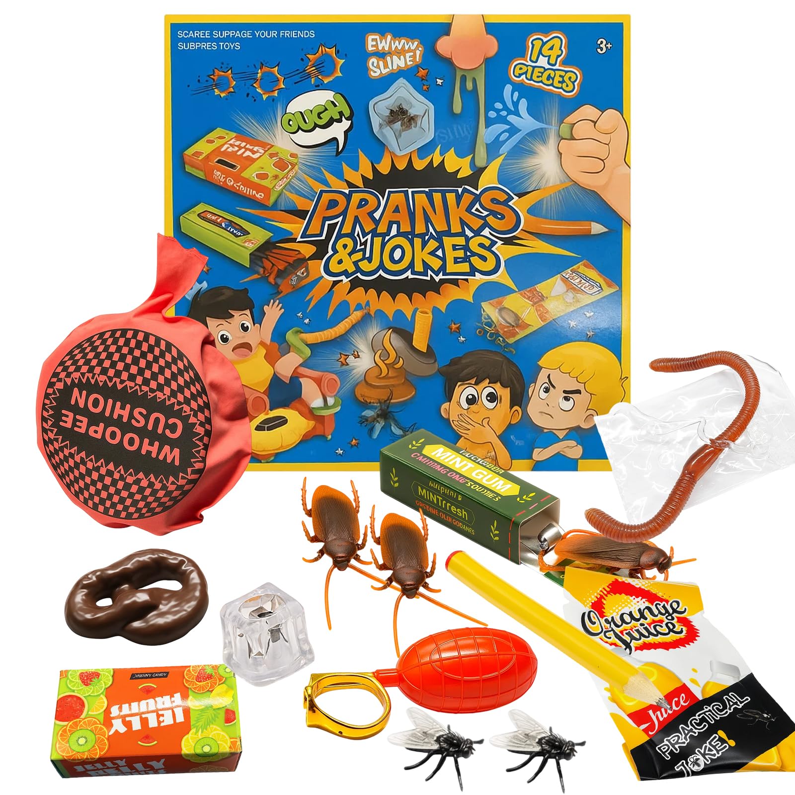 1 Sets Prank Kit,Pranks Pack And Joke Toys Box Set,Prank Gifts,Tricks Based Game for Adults Included Whoopee Cushion,Fake Poo,Fake Roaches,Party Bag Fillers for Kids and Adult Party Atmosphere