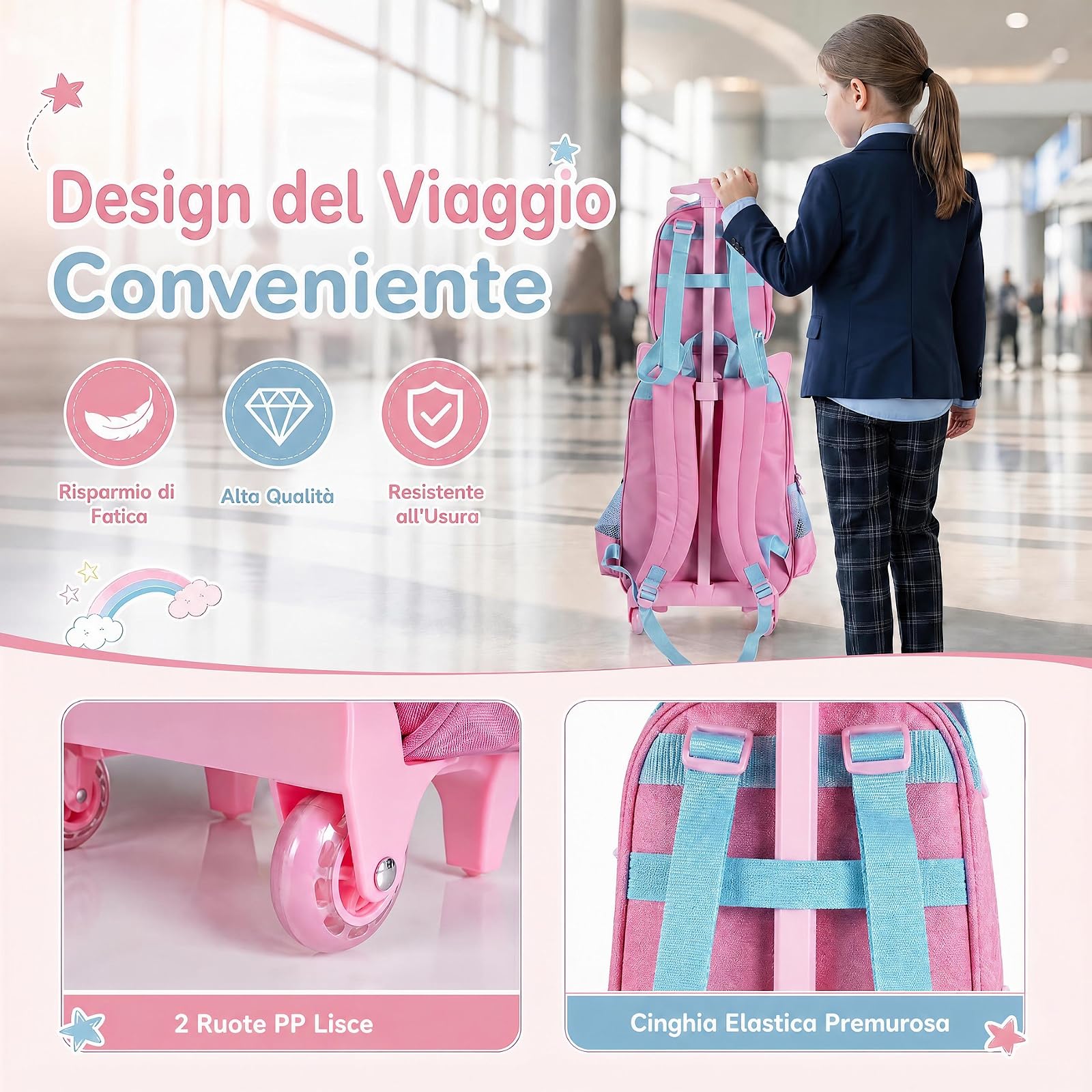 COSTWAY Set di 3 Zaini con Ruote per Bambini 3+ Anni (Modello 2) | 3 in 1 Zaino Trolley da Scuola con Borsa per Pranzo e Astuccio per Matite, Maniglia Retrattile e Portabicchieri Laterale