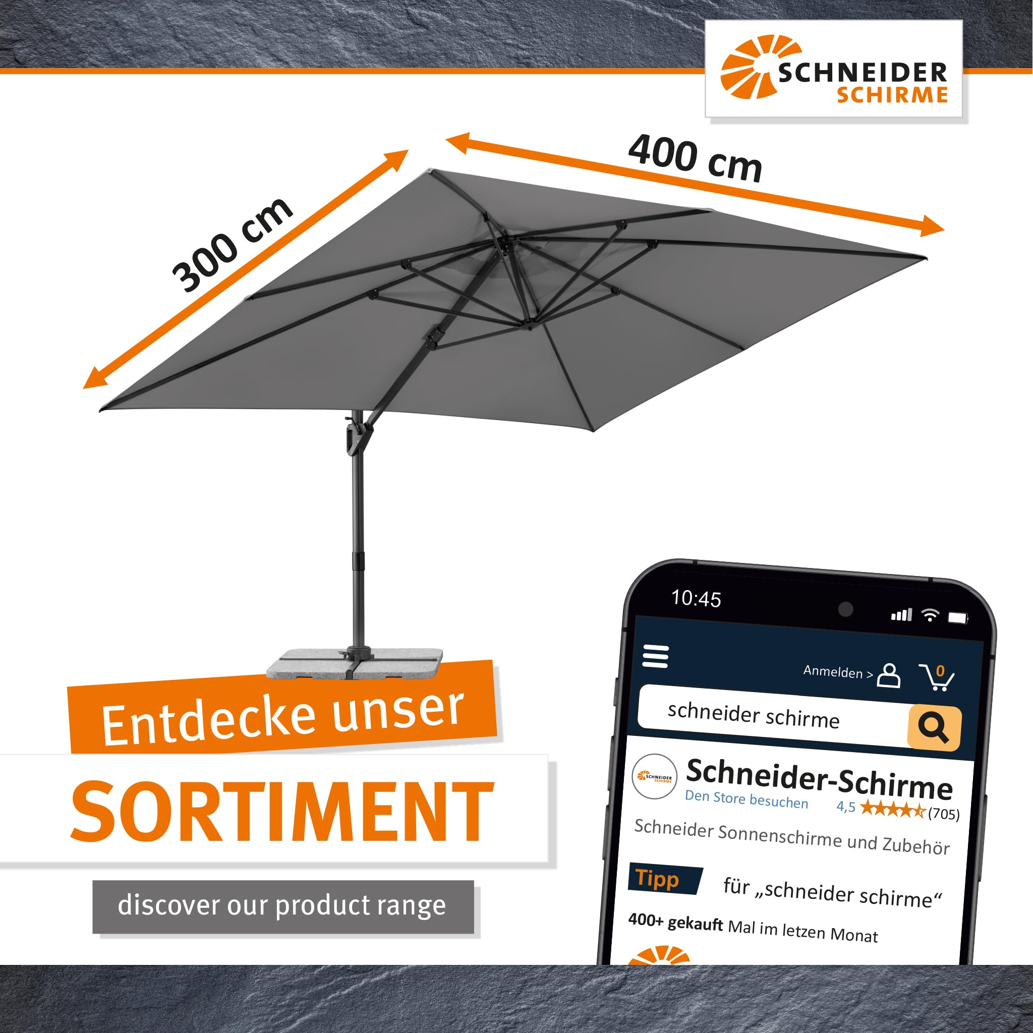 Schneider Ampelschirm TAVO 400 x 300 cm – UV-Schutz, 360° drehbar, neigbar, air-vent, lichtecht, inkl. Plattenständer & Schutzhülle – anthrazit/natur