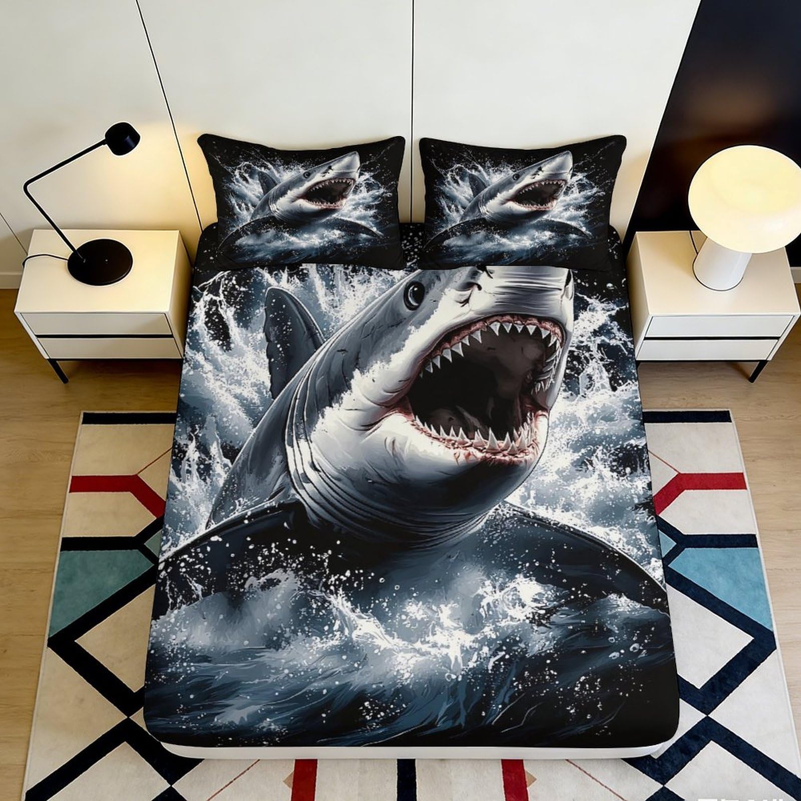 3D Printed Shark Pattern Fitted Sheet Microfiber Durable Breathable Ocean Wave Bed Cover for Bedroom Dormitory Guest Room Mattress Protection Decor 140x200x25cm