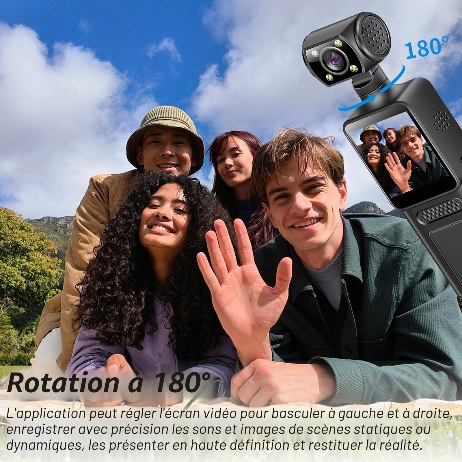 4K Camera Pieton, 128GB Caméra de Corps avec Objectif Rotatif & 180° Grand Angle, WiFi Enregistreur Vidéo Portable avec Clip Arrière, Détection de Mouvement de Vision Nocturne pour Sport Vélo Voyage
