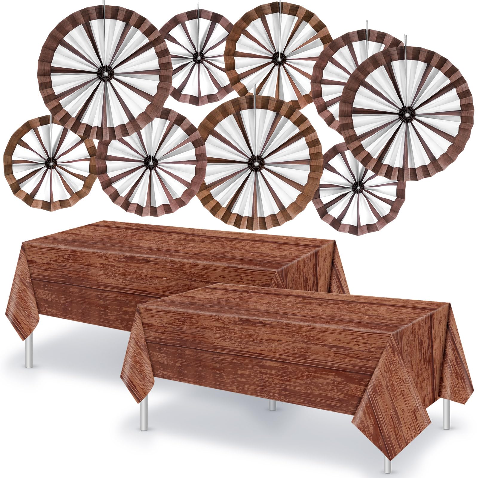 Outus Western Cowboy Party Decorations 9 Pcs Wagon Wheel Decorations Paper Fans and 2 Pcs Brown Wood Grain Tablecloths Country Western Party Decor for