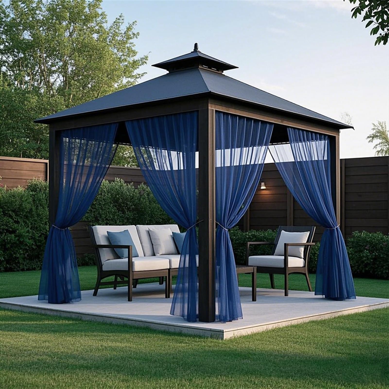 SK Studio Navy Blue Outdoor Sheer Curtains for Patio Waterproof 2 Panels Privacy Screen Mesh Net Outside Curtains Rod Pocket for Gazebo, Porch,