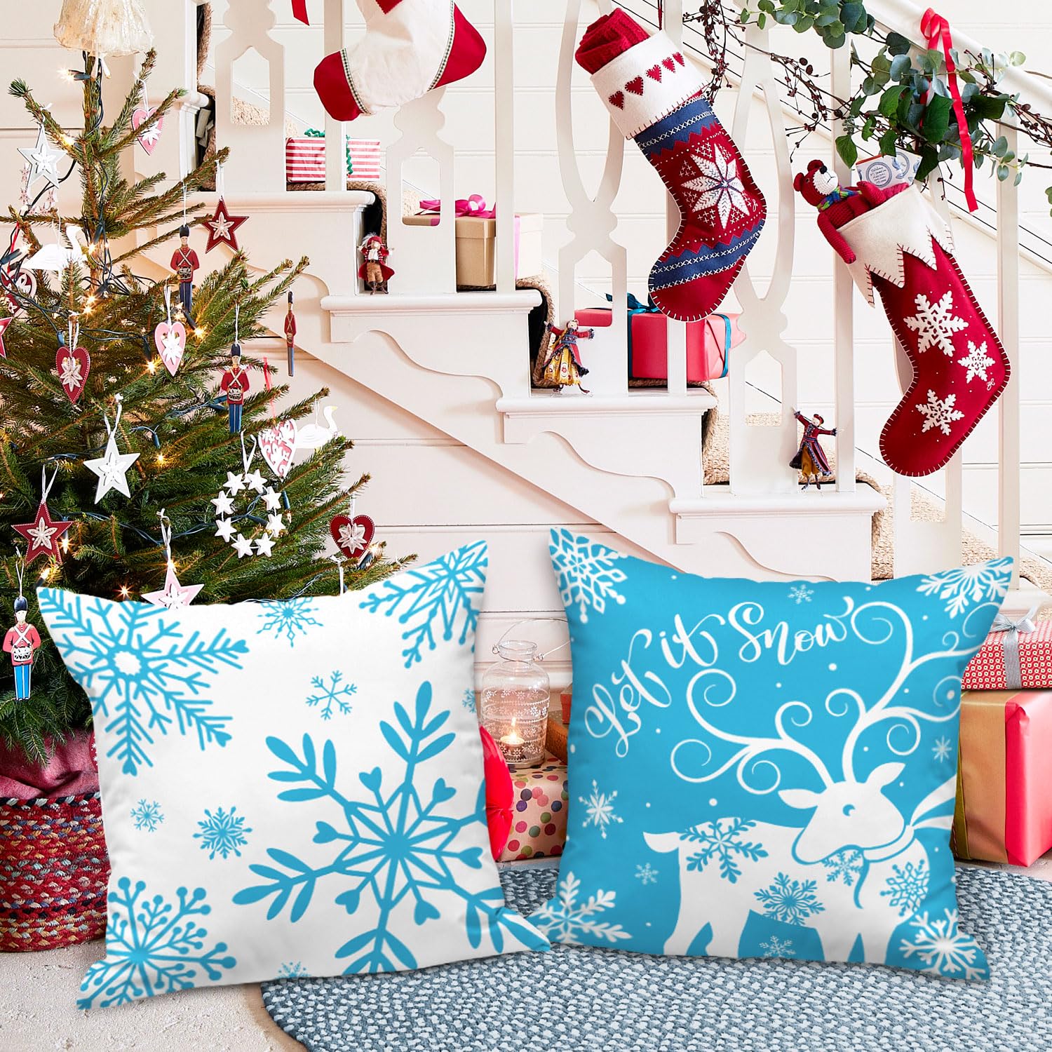 Lanpn White and Blue 45x45 Christmas Pillow Covers Set of 4 - Image 4