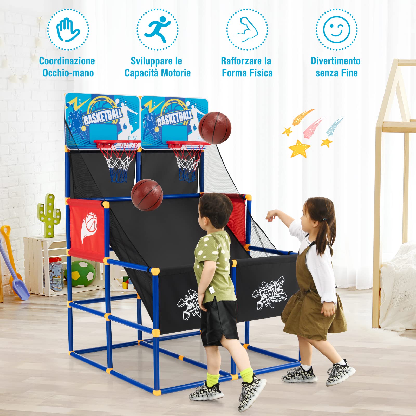 COSTWAY Canestro Basket da Camera per Bambini, Gioco Pallacanestro a Doppio Tiro con 4 Palline e Pompa di Gonfiaggio, Ideale per Sala Giochi e Cameretta, 90 x 90 x 140 cm