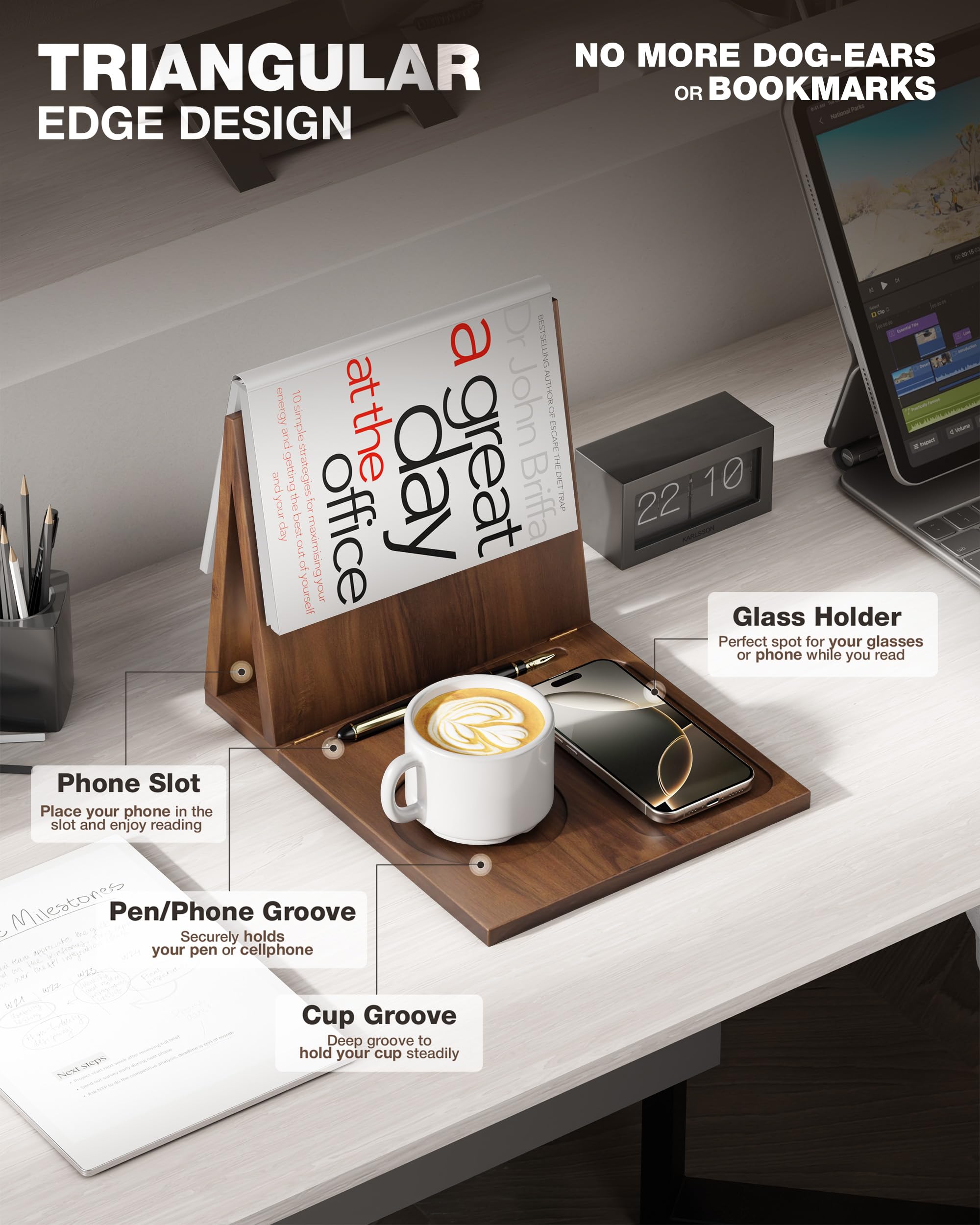 Support de livre triangulaire, repose-livre, en acacia, pliable pour coin de lecture, support de livre triangulaire avec tasse, stylo, lunettes et support de téléphone pour chambre à coucher