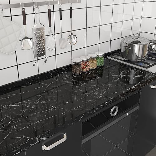 Miniatura 2 de CRE8TIVE Papel de contacto de mármol negro para encimeras, papel tapiz de mármol brillante impermeable para despegar y pegar, autoadhesivo, rollo de