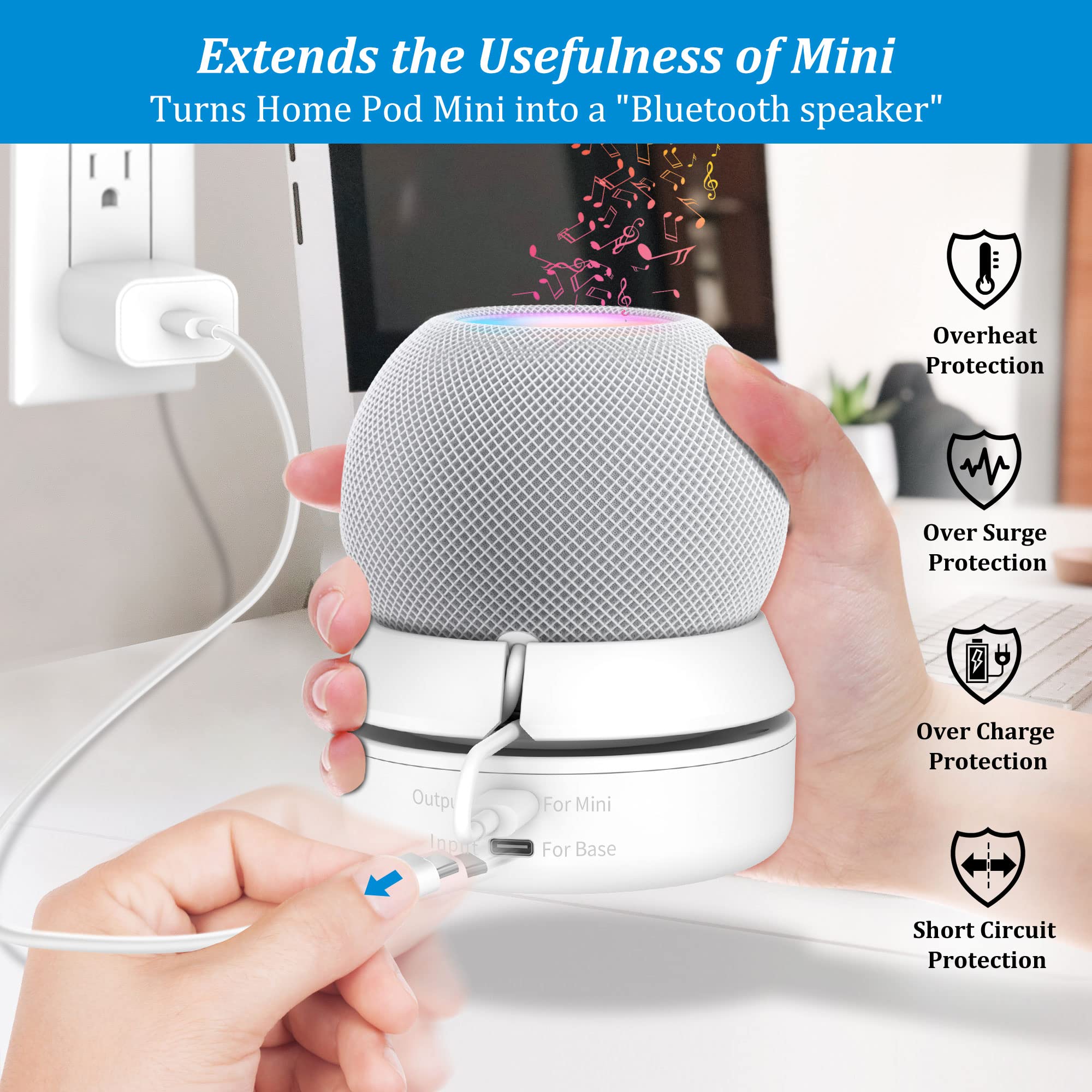 PlusAcc Accu compatibel met HomePod Mini, draagbaar laadstation, batterijhouder met geïntegreerd kabelbeheer, zonder apparaten, wit