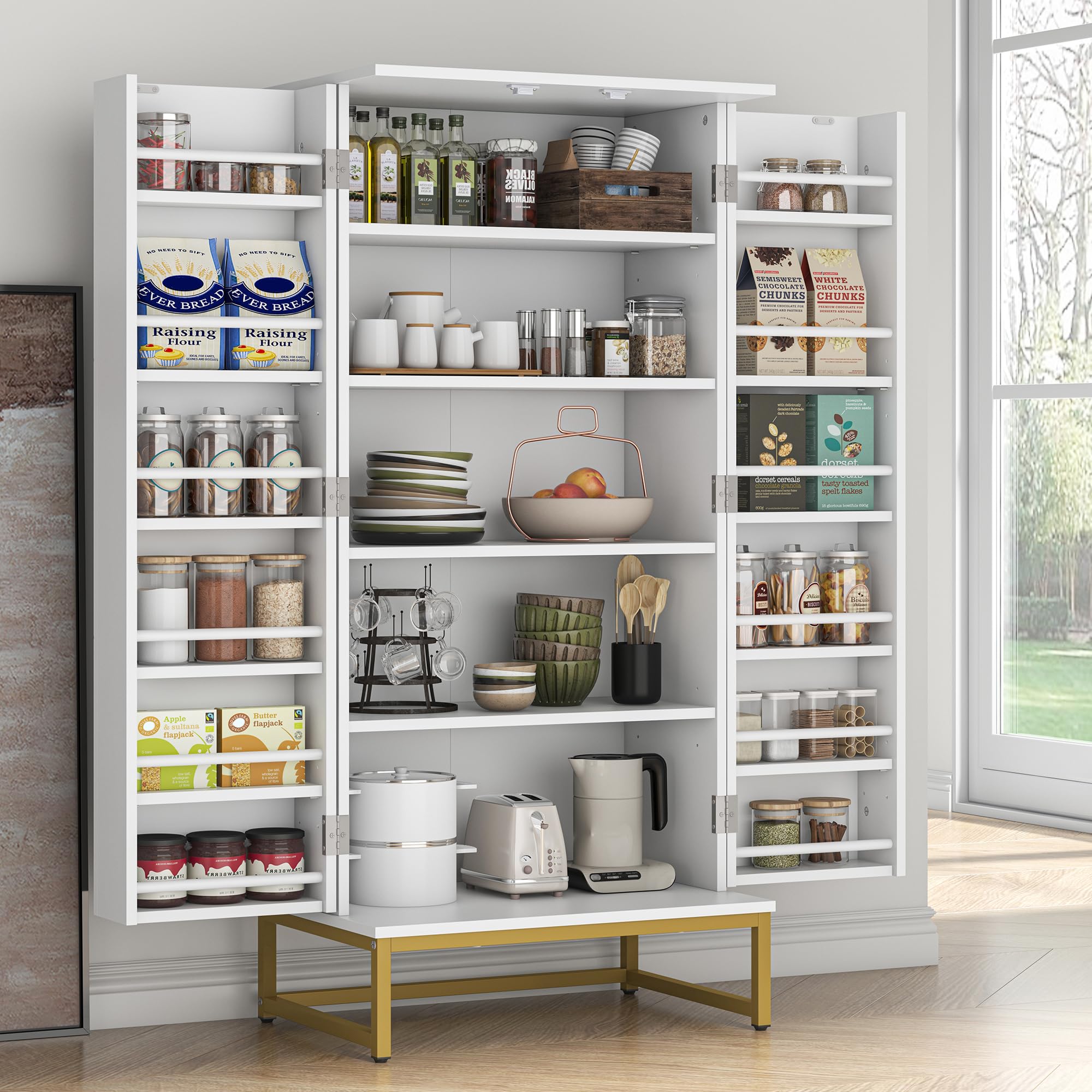 Feonase 51” Kitchen Pantry Storage Cabinet with Doors and Adjustable Shelves, Freestanding Pantry Cabinets, Buffet Cupboards Storage Cabinet for Home Office Use, White + Gold