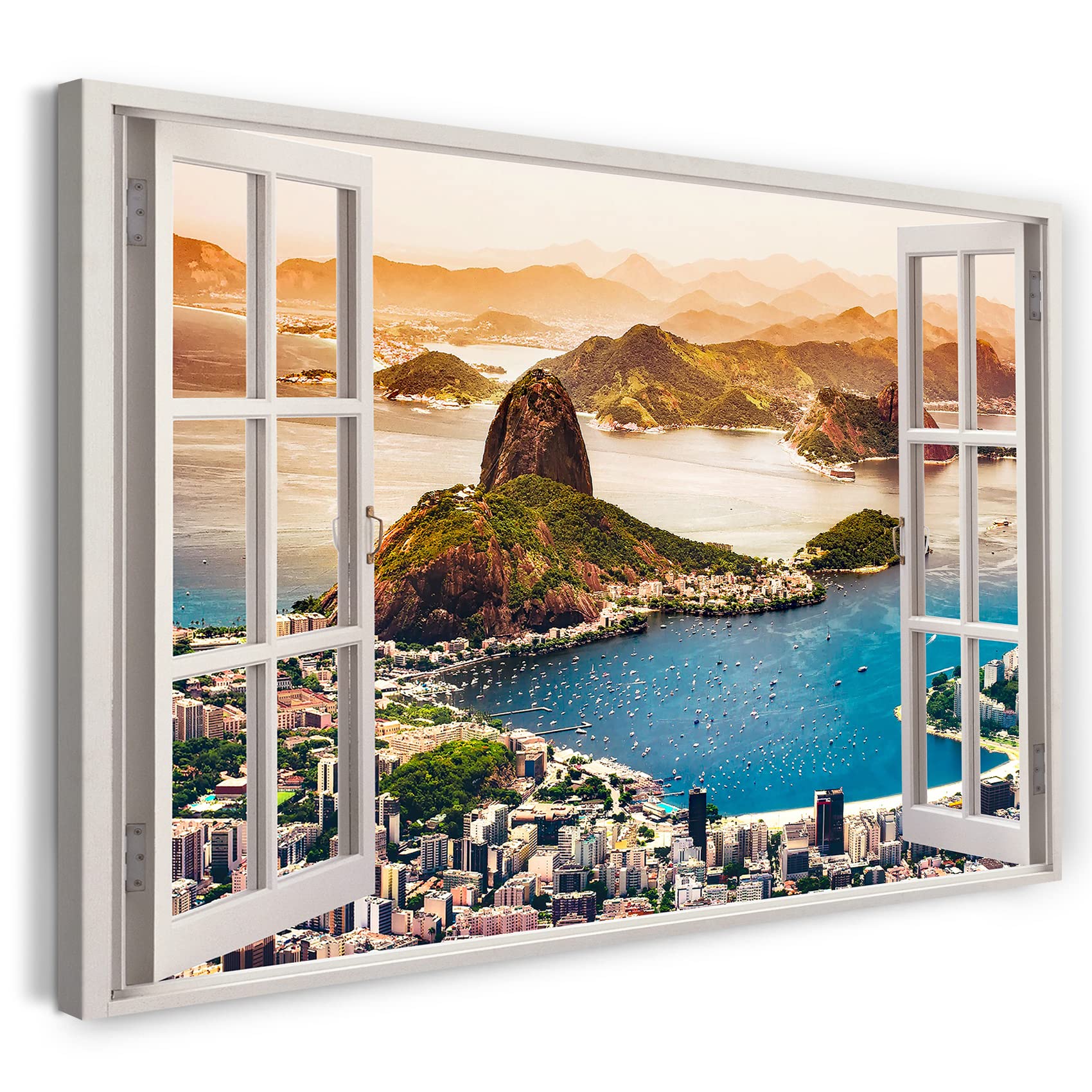 Print on Canvas (120x80 cm) view from the window - city by the sea beach holiday - nature photography, real wood frame with hook