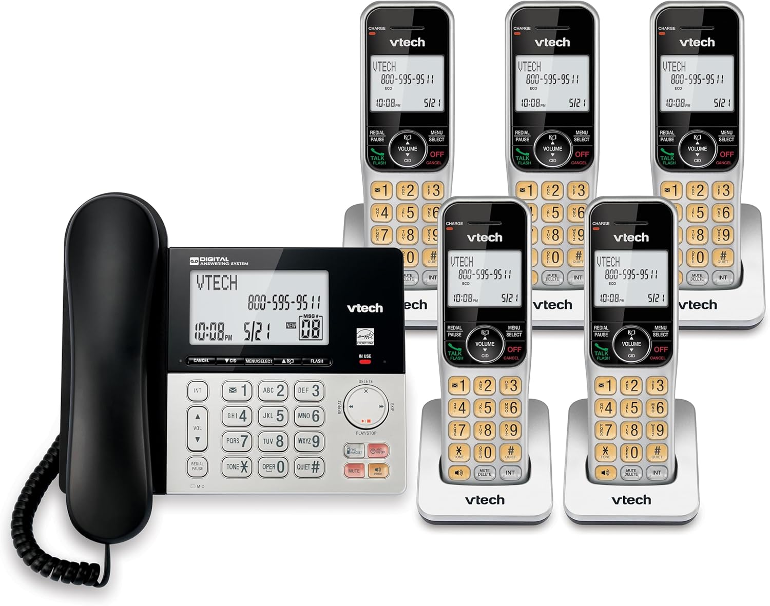 VTech VG208-5 DECT 6.0 5-Handset Corded/Cordless Phone for Home with Answering Machine, Call Blocking, Caller ID, Large Backlit Display, Duplex Speakerphone, Intercom, Line-Power Backup(Silver/Black)