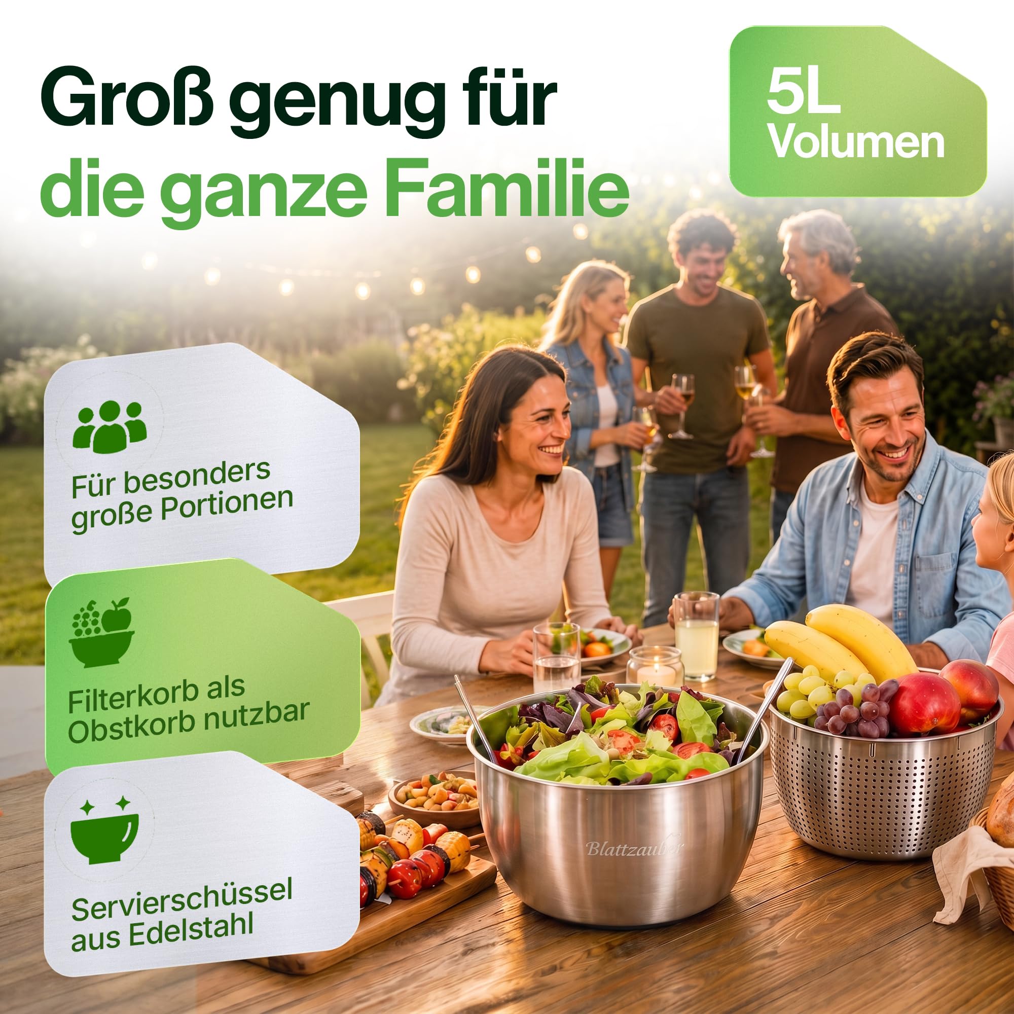Salatschleuder Edelstahl 5 Liter Komplettset mit Deckel BPA-frei 2 Salatlöffel und Rezept Ebook Schleudern ohne Plastik für Gemüse und Kräuter