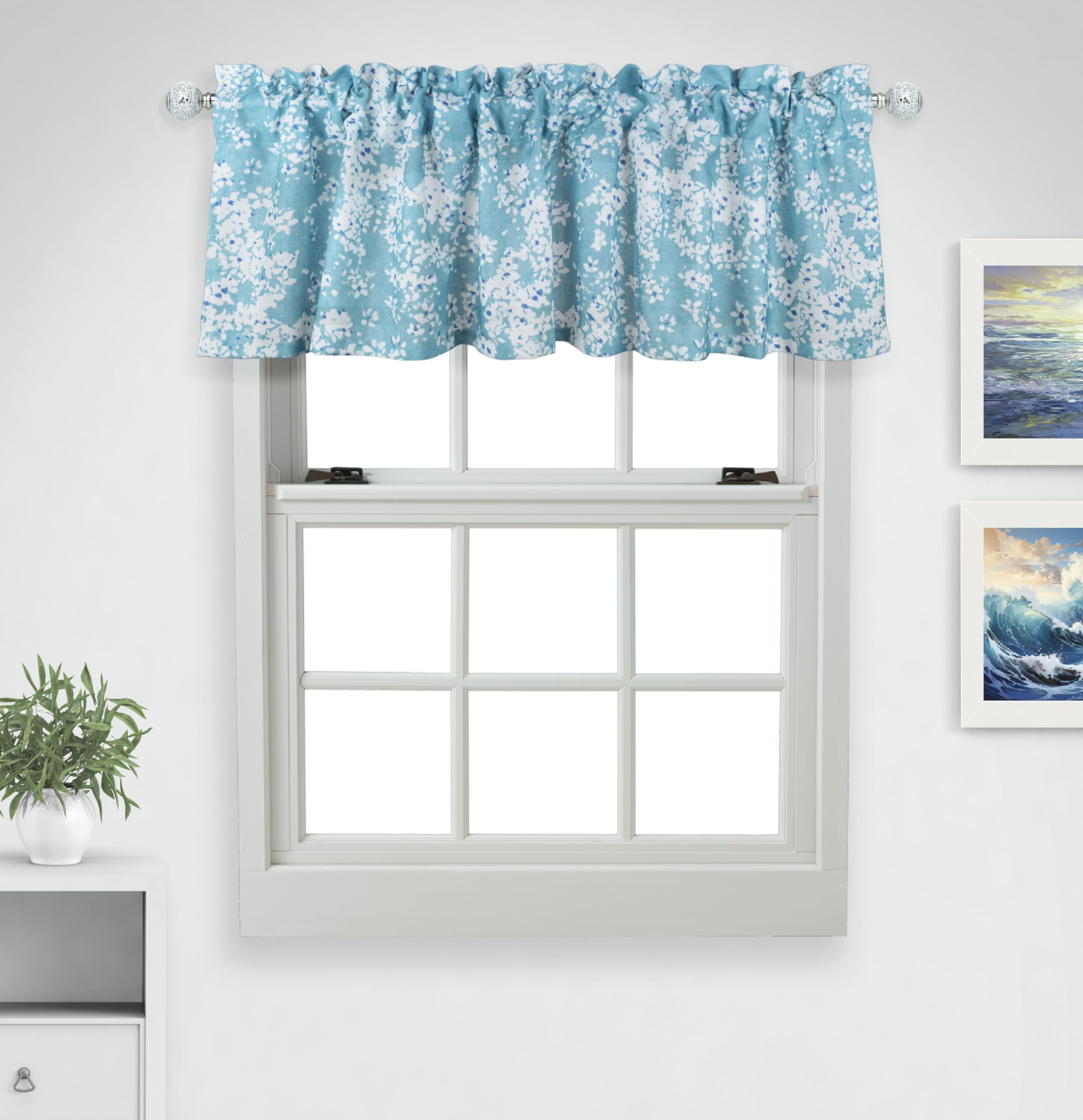 Aiking Home Window Valances - 2-Panels Polyester Printed Kitchen Valances with 2.5" Rod Pocket for Small Windows (56"x16" Each Panel, Blooms Aqua)