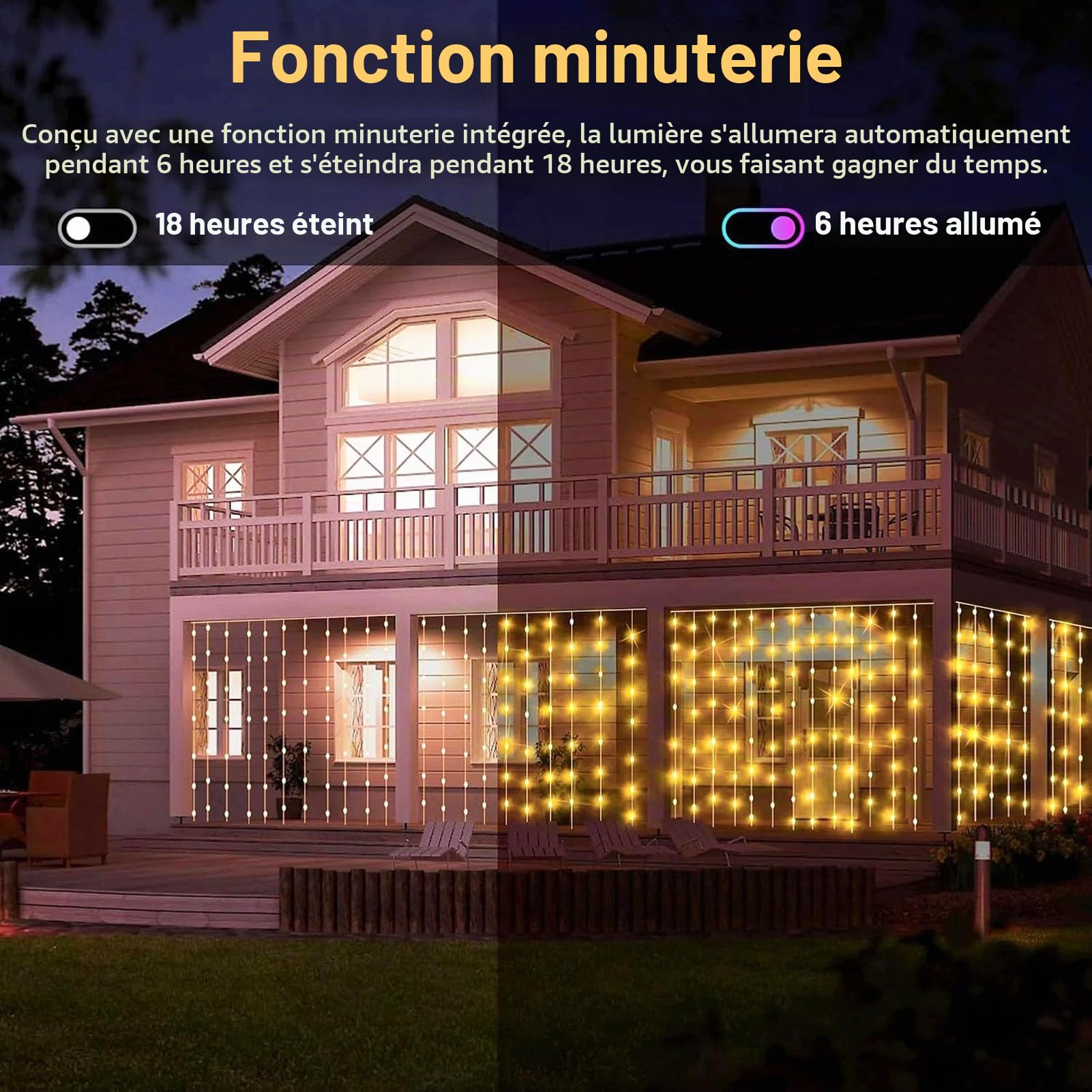 Cozymeow 2 Pièces Rideau Lumineux 6x3m 600 LED Guirlande Lumineuse 8 Modes | Cascade Lumineuse avec Minuterie, Étanche pour Décoration Jardin Noël Extérieur, Pergola, Tonnelle, Fenêtre - Blanc Chaud
