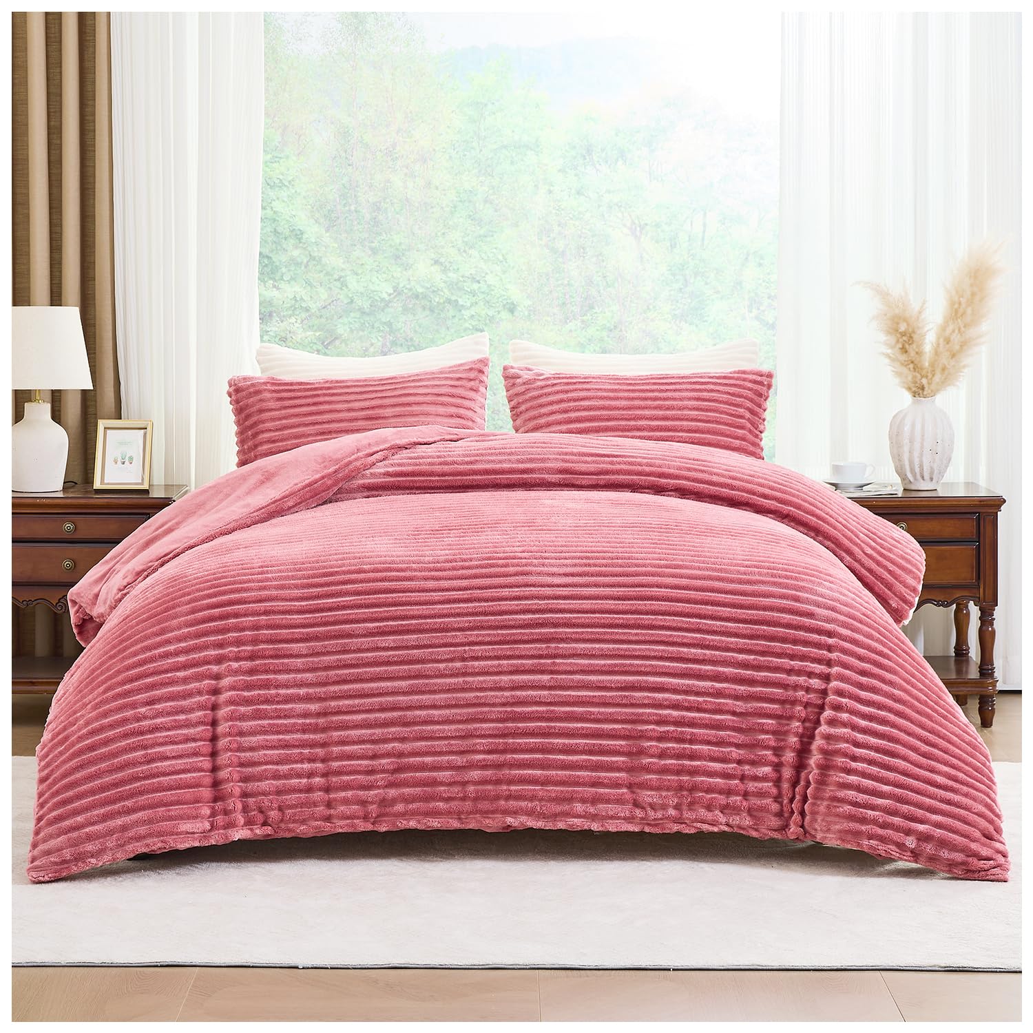 GC GAVENO CAVAILIA Ribbed Fleece Duvet Cover Single | Thermal Warm Polyester Single Duvet Cover Set With Pillow Case | Washable Cozy Fluffy Quilt Cover Winter Pink Bedding Set, 135x200 Cm