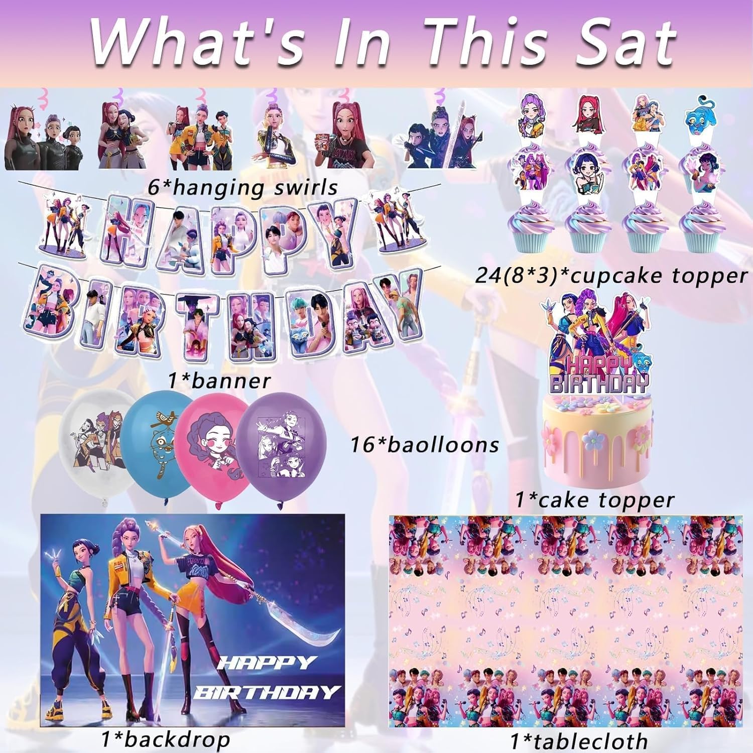 For K Pop Demon Hunters Party Supplies, 50 PCS Birthday Decorations Set Include Banner, Balloons,, Hanging Swirls, Cake Cupcake Toppers, Tablecloth for Boys Girls Hunters Theme Party — view 2