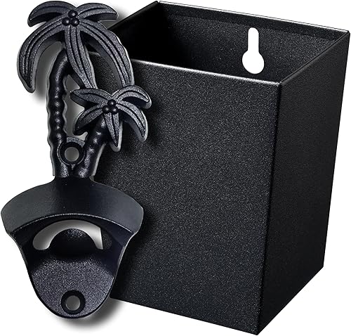 Jumiok Abridor de cerveza de palmera negra montado en la pared con tapa de drenaje para regalos temáticos de playa