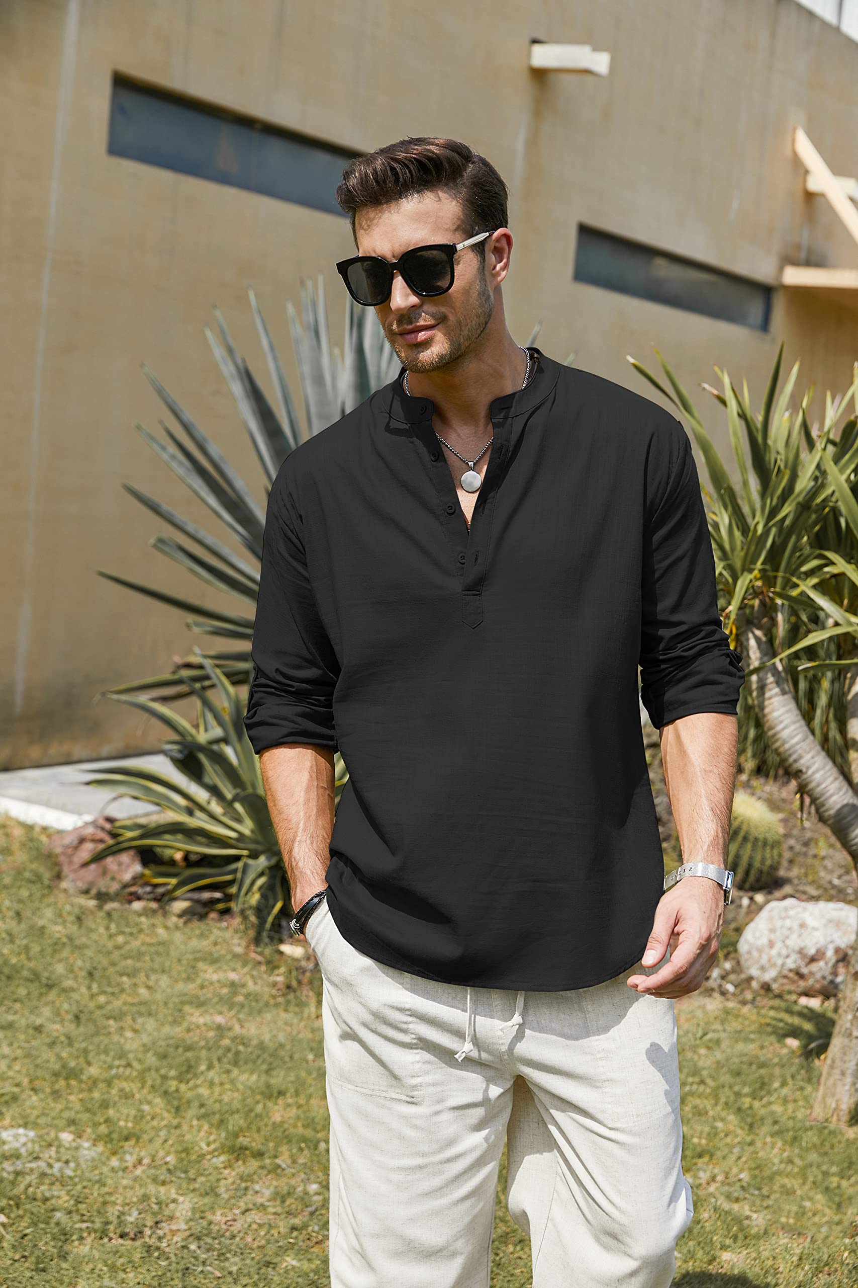 COOFANDY Chemise en Lin Henley à Manches Longues pour Homme d'été en Coton Col décontractée Chemise