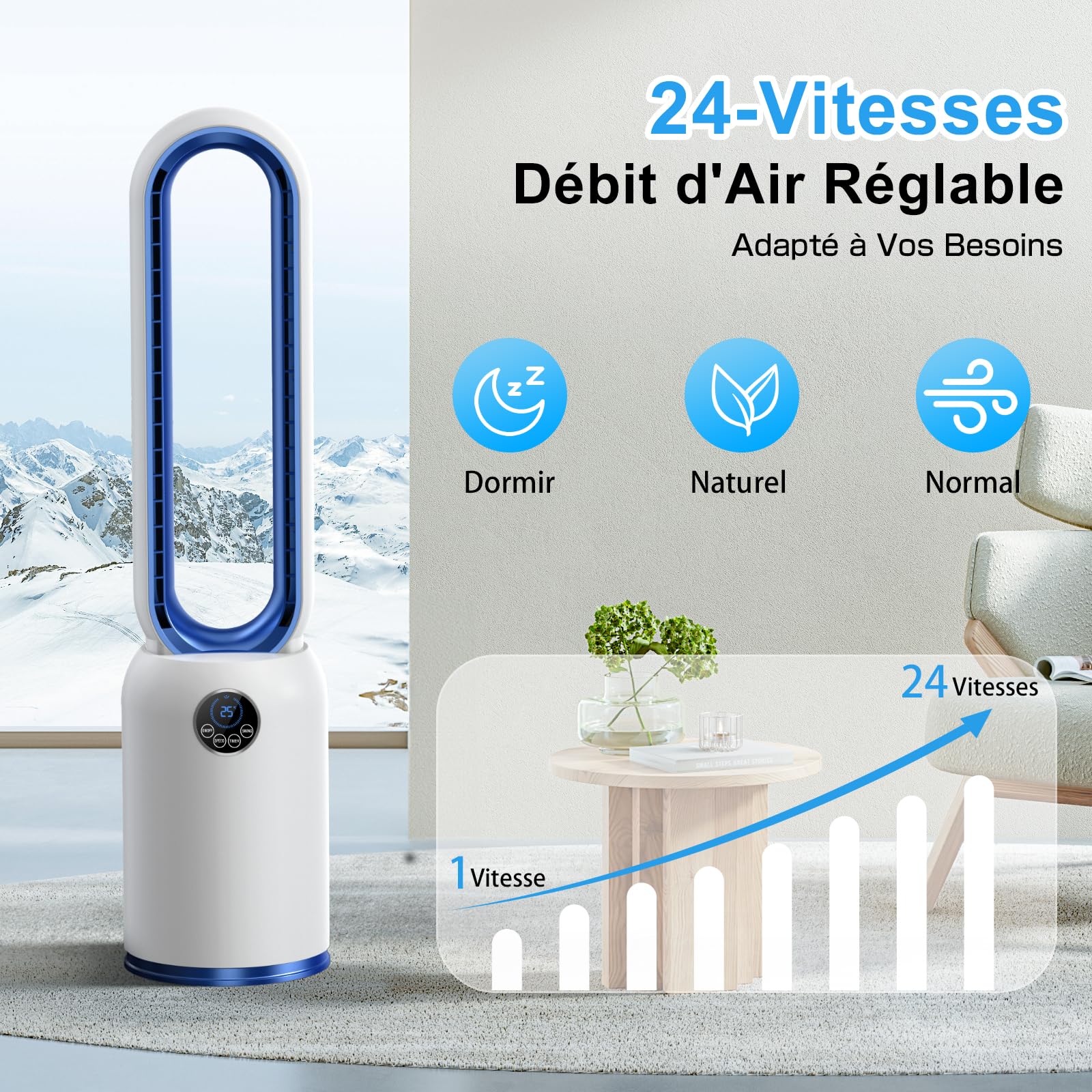 Ventilateur Colonne Silencieux, 90° Oscillation&24 Vitesses pour Ventilateur Sans Pale, Ventilateur Tour avec 12H Minuteries, Ventilateur Sans Lame avec Télécommande et Ecran Tactile (Bleu)