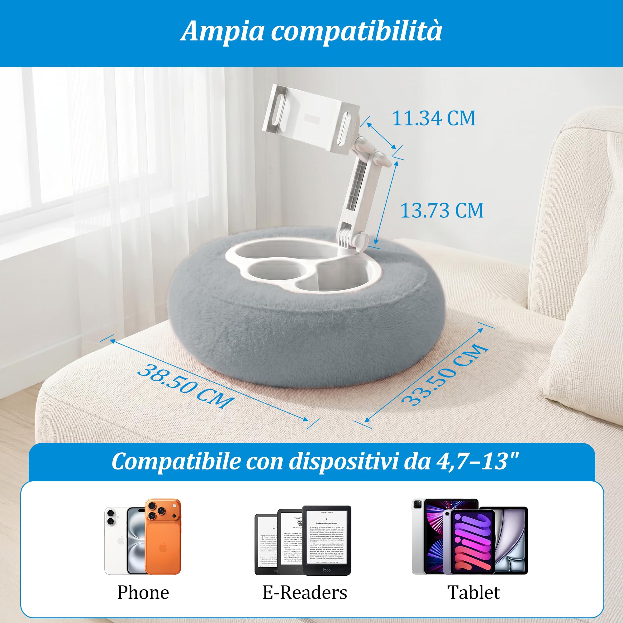 PlusAcc Cuscino per Kindle con 3 ciotole per snack – Cuscinetto porta-tablet, regolabile 360° per l’uso in grembo, supporto lettura mani libere per Kindle, Kobo, tablet, lavabile (Grigio)