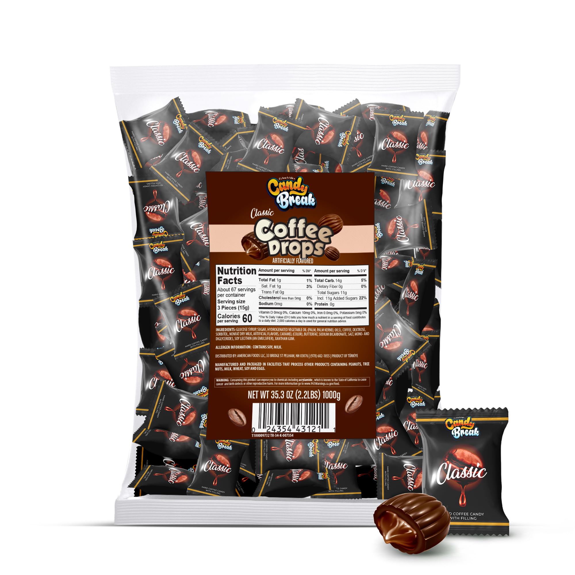 Candy Break Coffee Drops, Center Filled Hard Candy, Coffee Candy Individually Wrapped Snacks, Espresso Flavored Hard Candies, Caffeine Candies 2.2 Pound Bulk Bag, Pack of 1