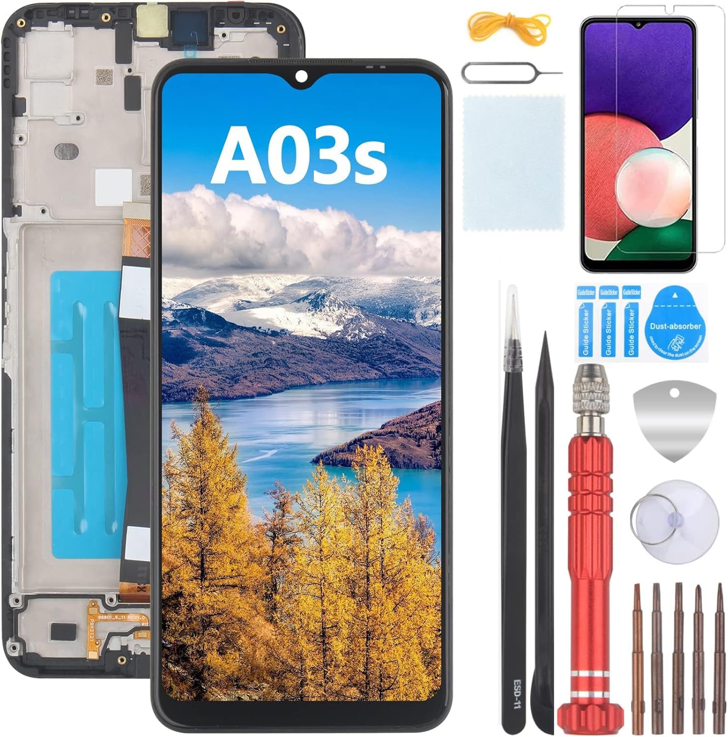 Nero+Telaio Schermo per Samsung Galaxy A03s SM-A037G LCD Display Touch Screen Digitizer Ricambio Assembly con Utensili Inclusi E per Galaxy A03s SM-A037G Vetro temperato