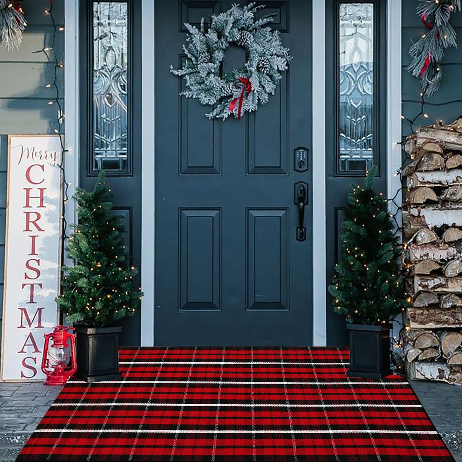 Buffalo Plaid Cotton Hand-Woven Layered Rug for Front Porch, Kitchen ...