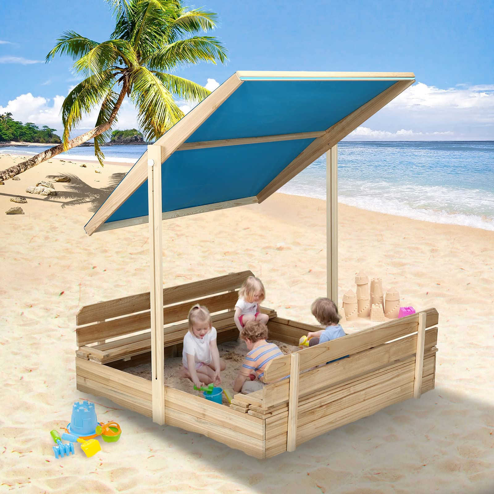 Buy Wooden Outdoor Sandbox with Cover 47.5x47.5 Inch Kids Sandbox with