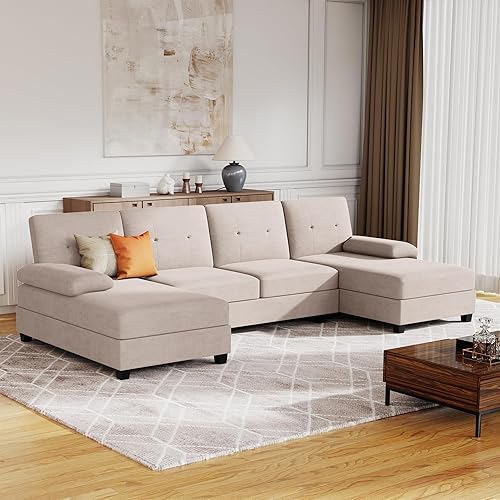 JAMFLY Sofás seccionales para sala de estar, sofá en forma de U, juegos de muebles de sala de estar, sofá modular de 4 asientos con diván, beige
