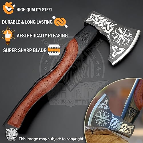 Miniatura 3 de SHINY CRAFTS Hacha vikinga hecha a mano  Hoja nórdica grabada con mango de madera, regalo único para hombres, coleccionistas y entusiastas de la
