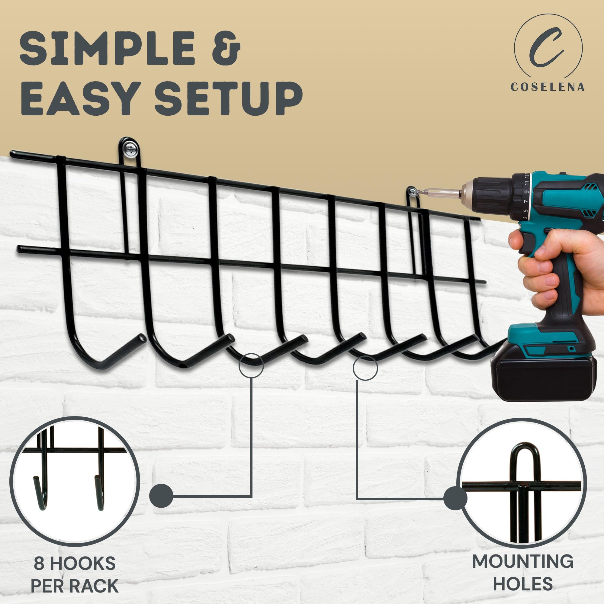 Coselena Garden Tool Storage Rack 160cm, Heavy Duty Metal Wall Mounted Tool Organiser for Shed & Garage, Adjustable Hooks - Image 4