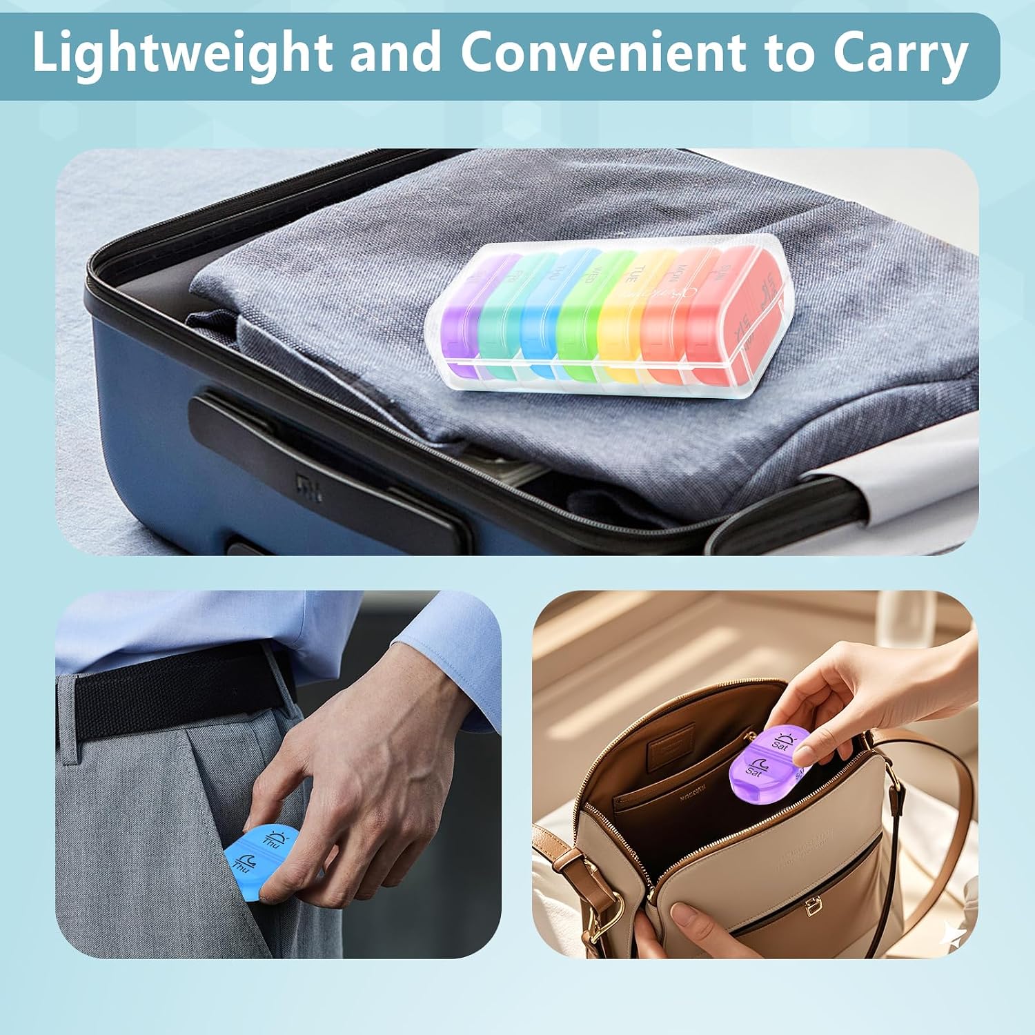 Serfeymi Weekly Pill Organizer 2 Times a Day Travel Medicine Pill Organizer AM PM Pill Box 7 Day with Protection Pill Case Daily Medication Organizer For Vitamins, Fish Oil-Clear Case+Rainbow Pill Box