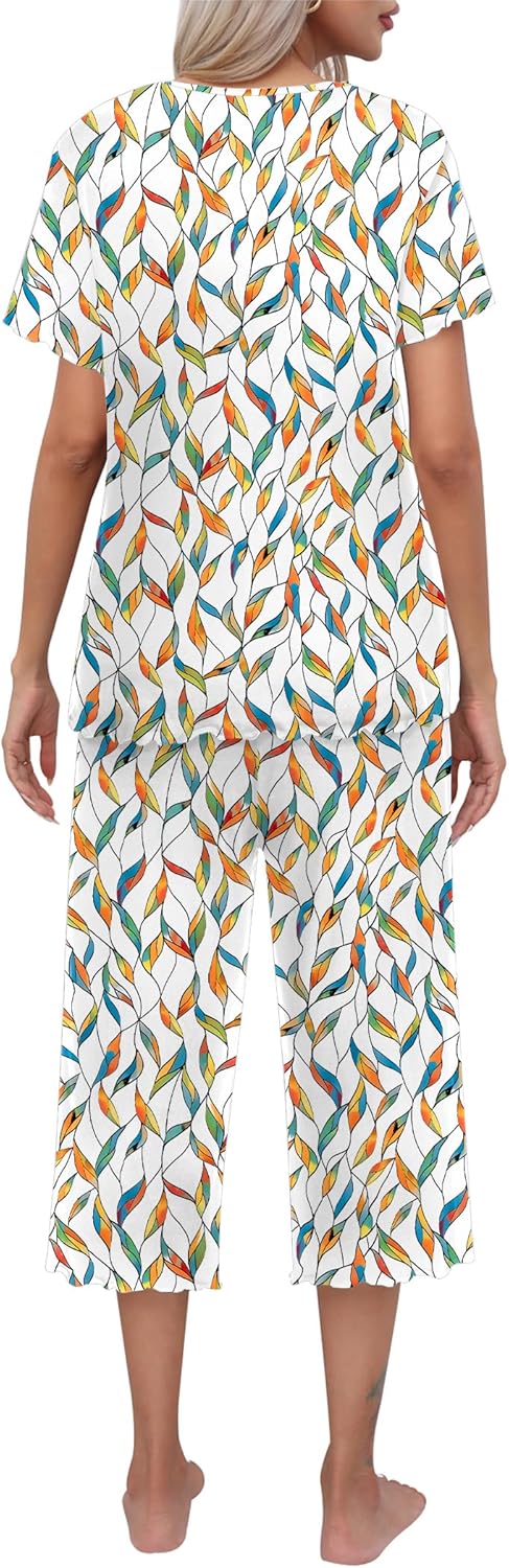 Ekouaer Women's Pajamas Set Short Sleeve Top With Capri Pants Pjs Lounge & Sleepwear Set White with leaves,Small - Image 2