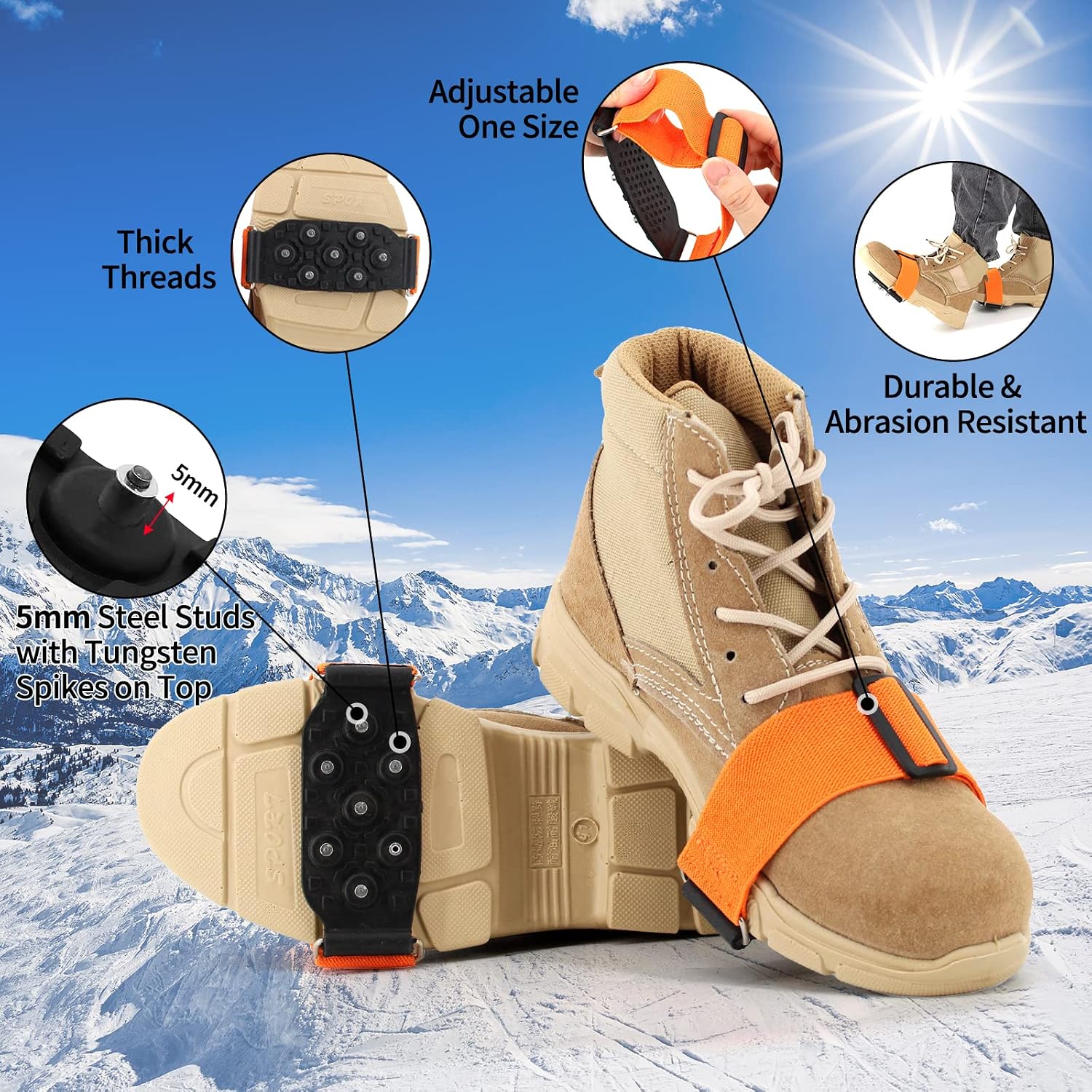 Mid-Sole Ice Cleats Crampons Traction Snow Grips with Tungsten Spikes