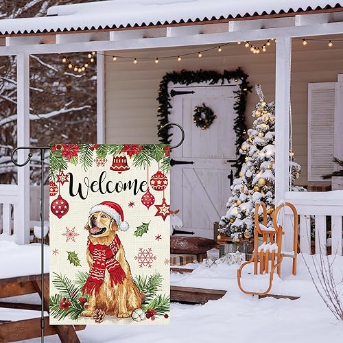 Miniatura 2 de Bandera navideña de bienvenida para jardín, 12 x 18 pulgadas, arpillera de doble cara de perro Golden Retriever con sombrero de Navidad, banderas de