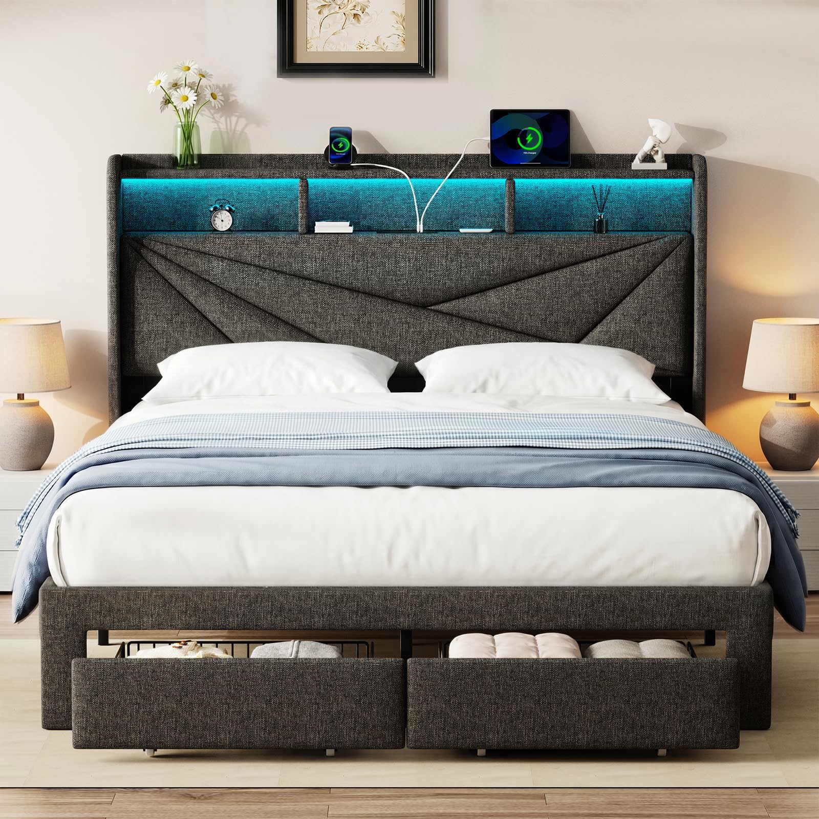 Photo 1 of Blissivia Full Size Bed Frame with Storage Headboard, Upholstered Full Bed Frame with LED Lights, USB Charging Station & 2 Storage Drawers, No Box Spring Needed, Dark Grey